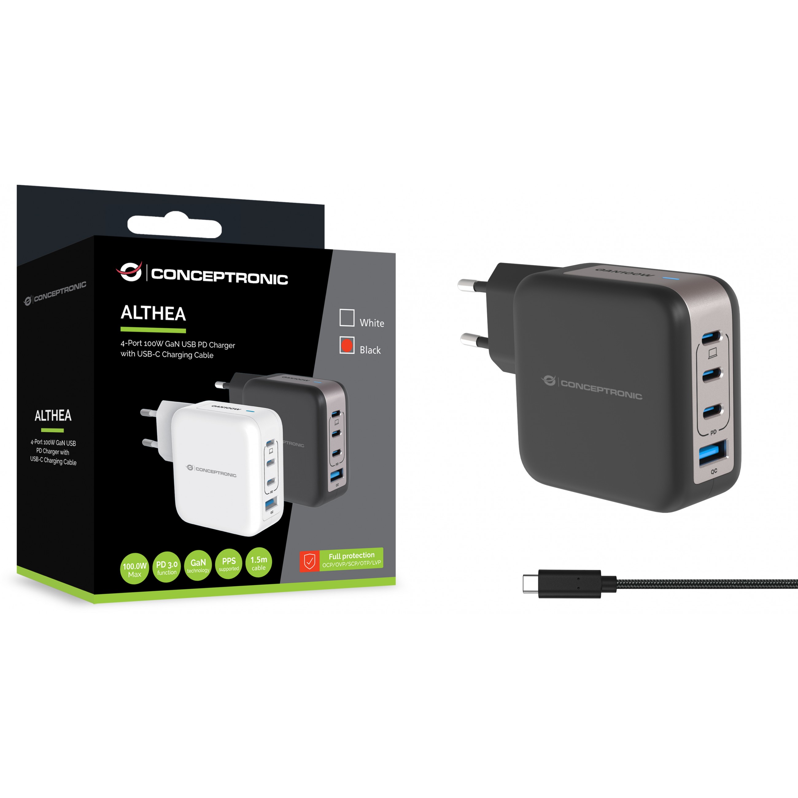 Punjač CONCEPTRONIC Ladegerät 4Port GaN (3xusb-c, 1xa, 100w, pd 3.0, pps)-2