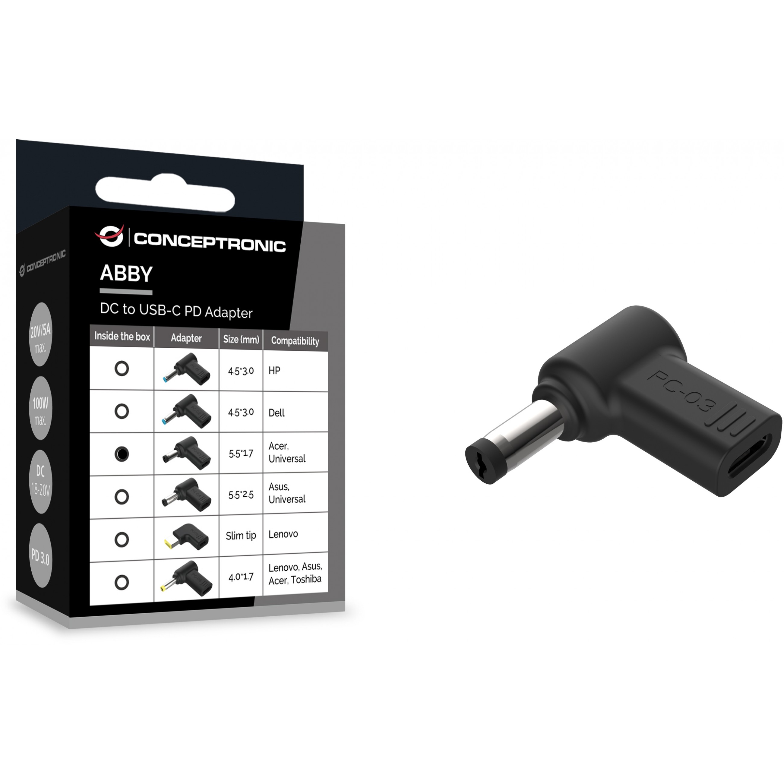 Adapter CONCEPTRONIC USB-C PD100W->Acer/Uni.5.5x1.7mm Adap.18-20V-2