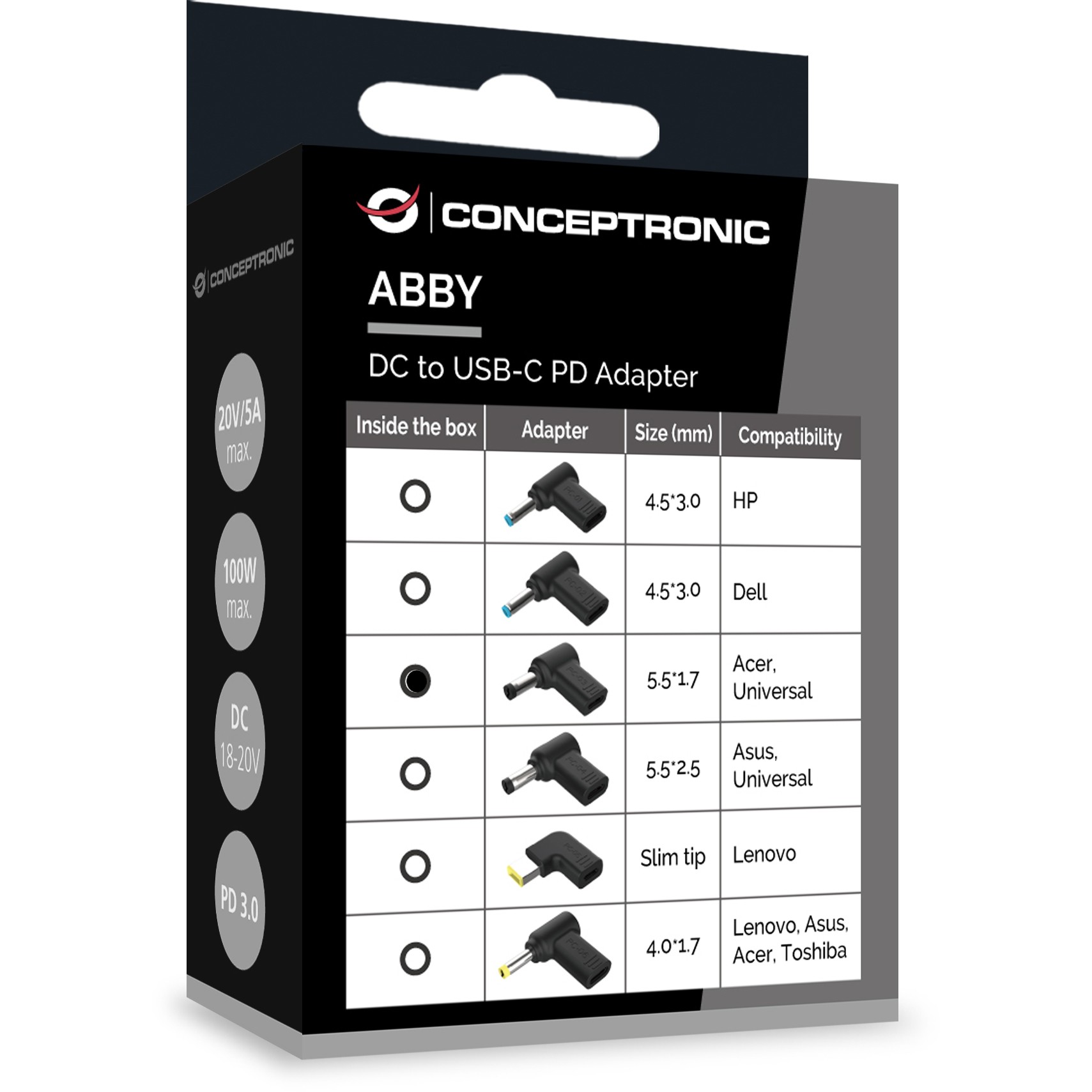 Adapter CONCEPTRONIC USB-C PD100W->Acer/Uni.5.5x1.7mm Adap.18-20V-3