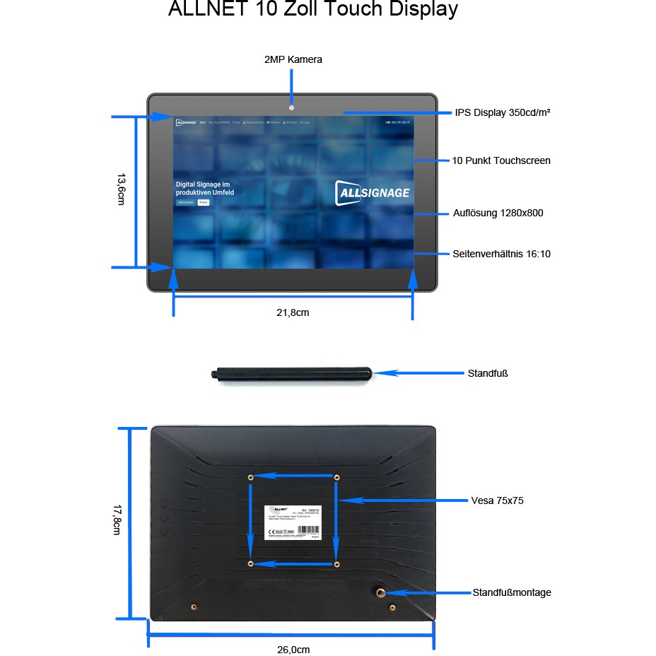 Tablet ALLNET Touch Display 12 Zoll PoE mit 8GB/64GB RK3568 Android 13-3
