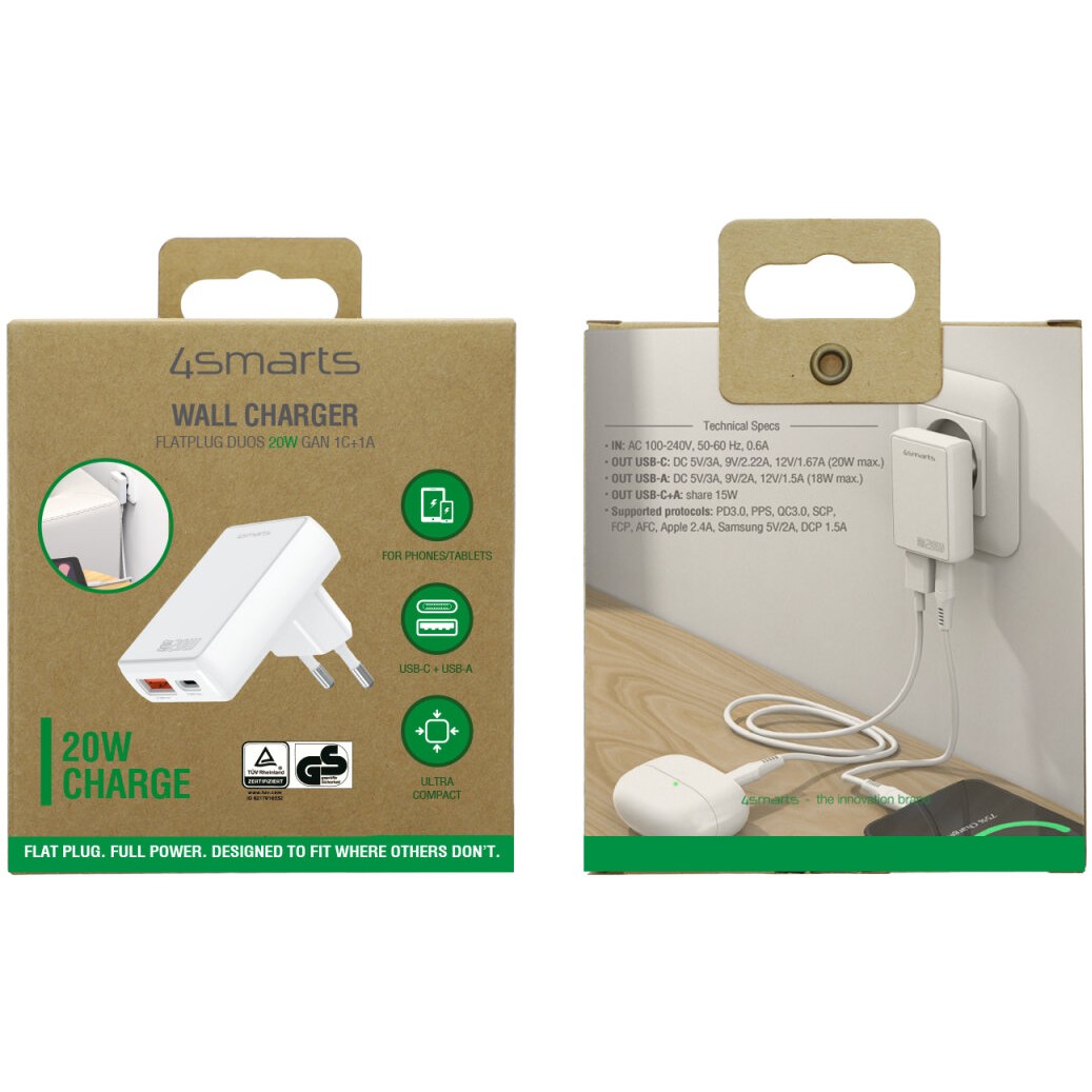 Punjač 4SMARTS Netzladegert FlatPlug Duos 20W GaN 1C+1A-2