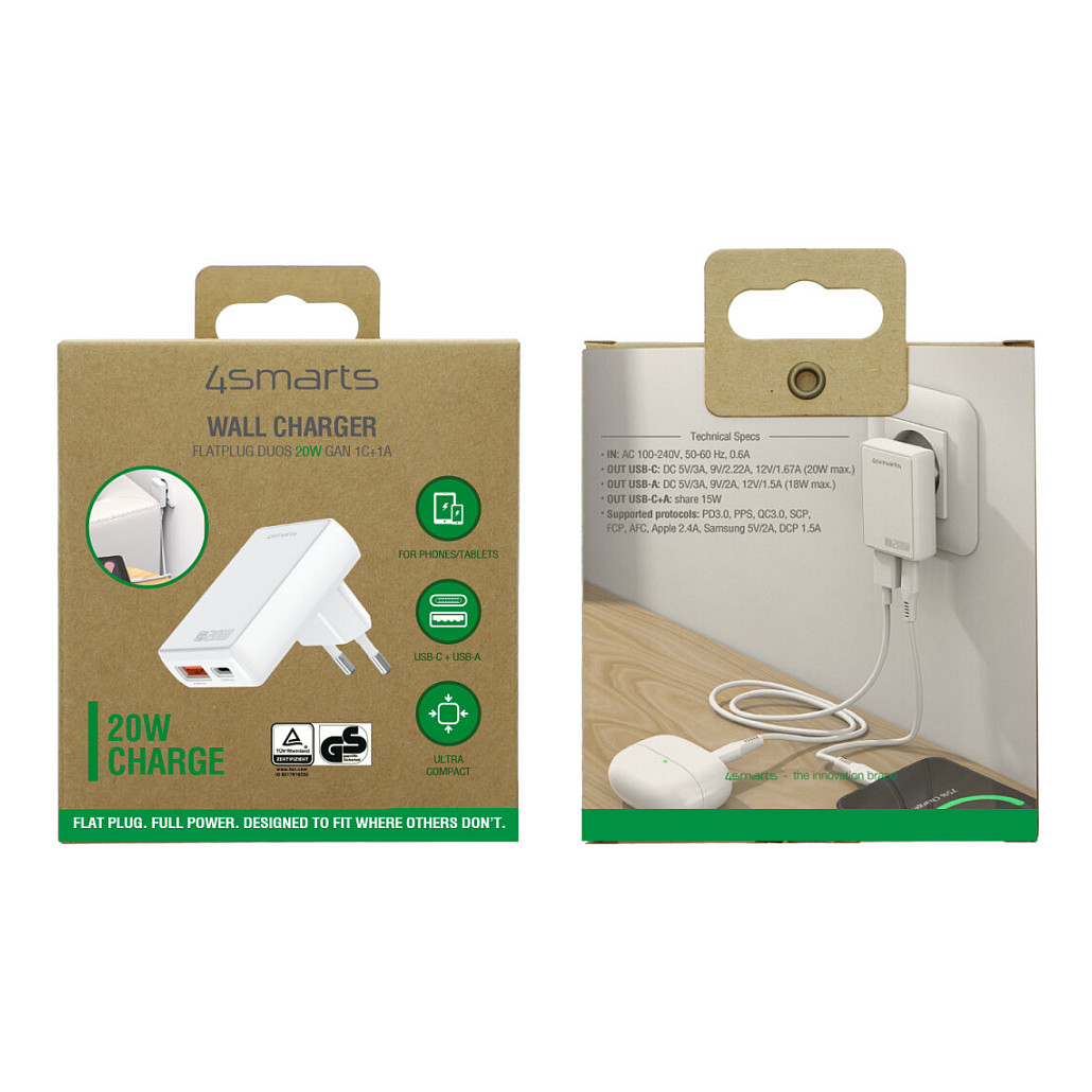 Punjač 4SMARTS Netzladegert FlatPlug Duos 20W GaN 1C+1A-12