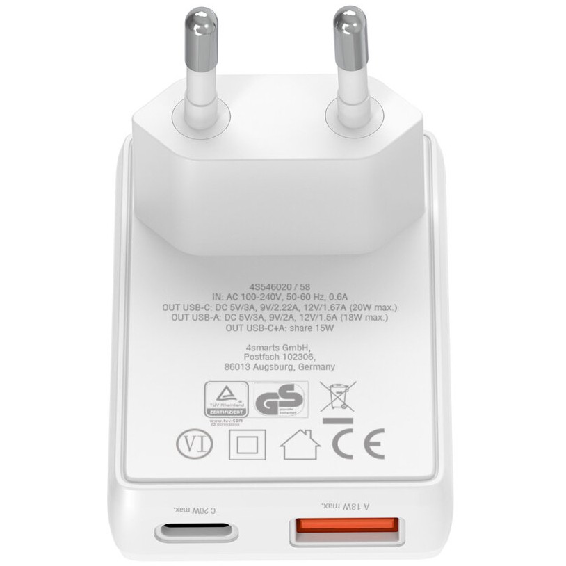 Punjač 4SMARTS Netzladegert FlatPlug Duos 20W GaN 1C+1A-4
