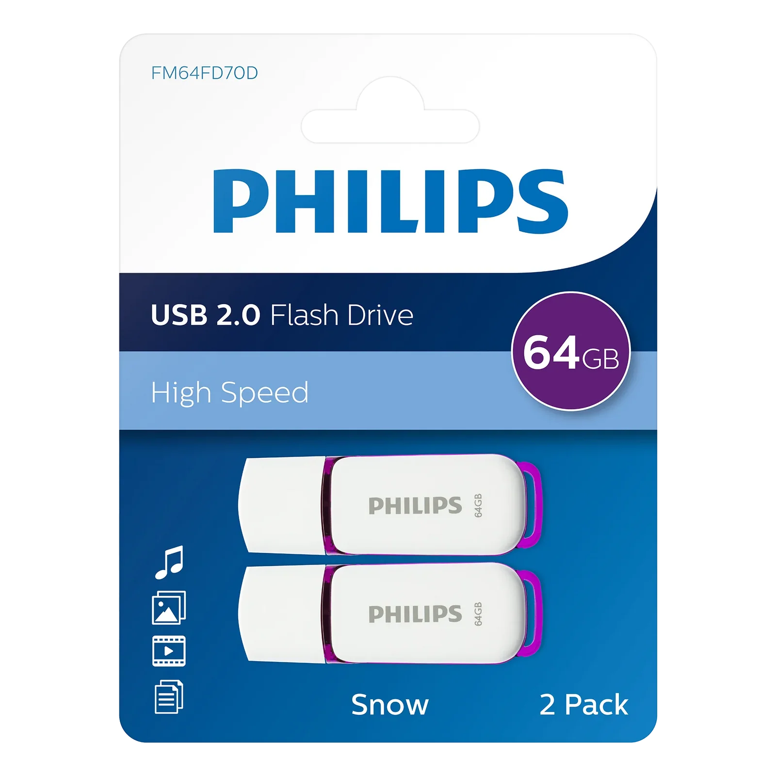USB stick PHILIPS FM64FD70D/00 Snow Edition (64 GB, USB 2.0, 2 komada, ljubičasta boja)-0