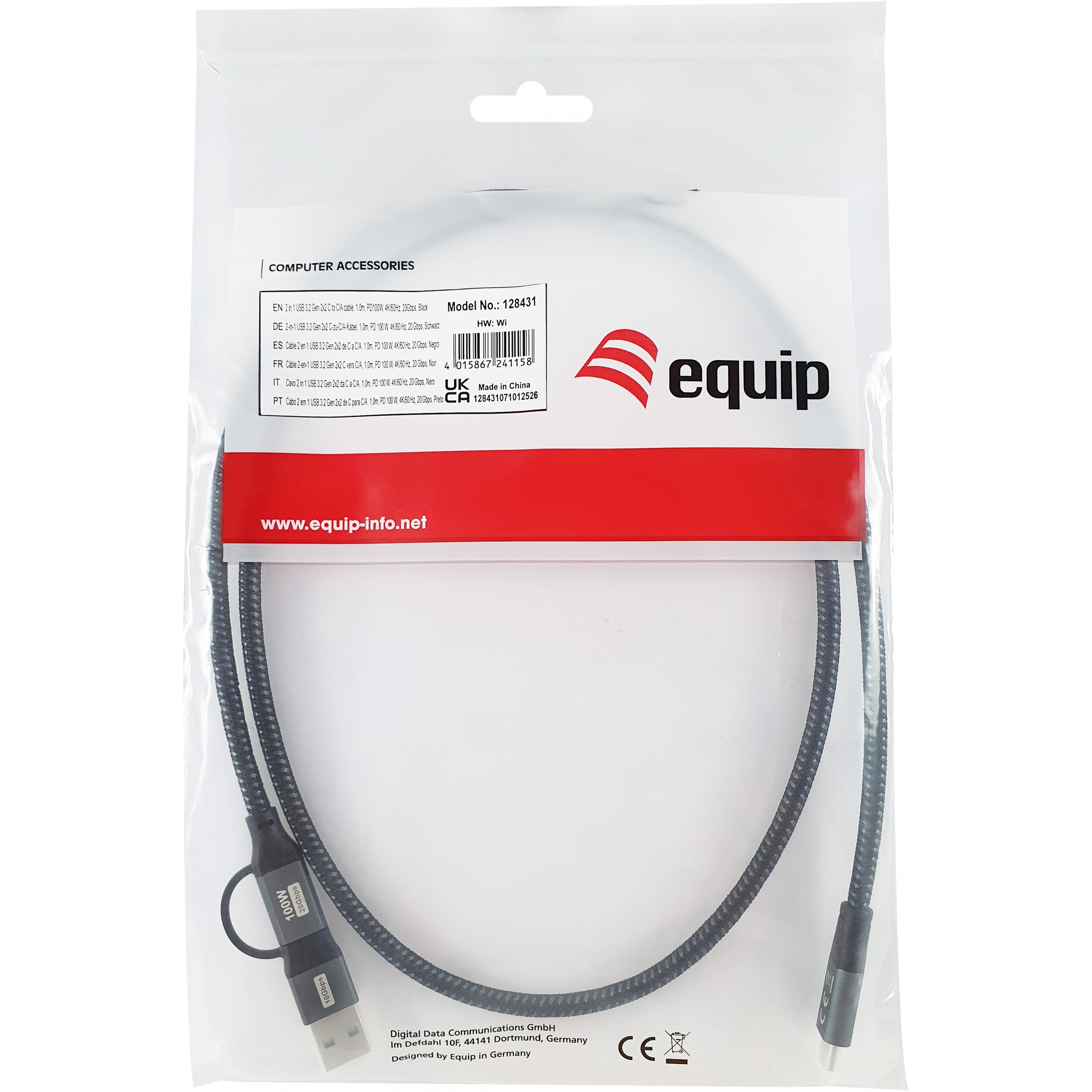 Kabel USB-C EQUIP 3.2 -> C/A St/St 1.00m 20Gbps crna boja-1