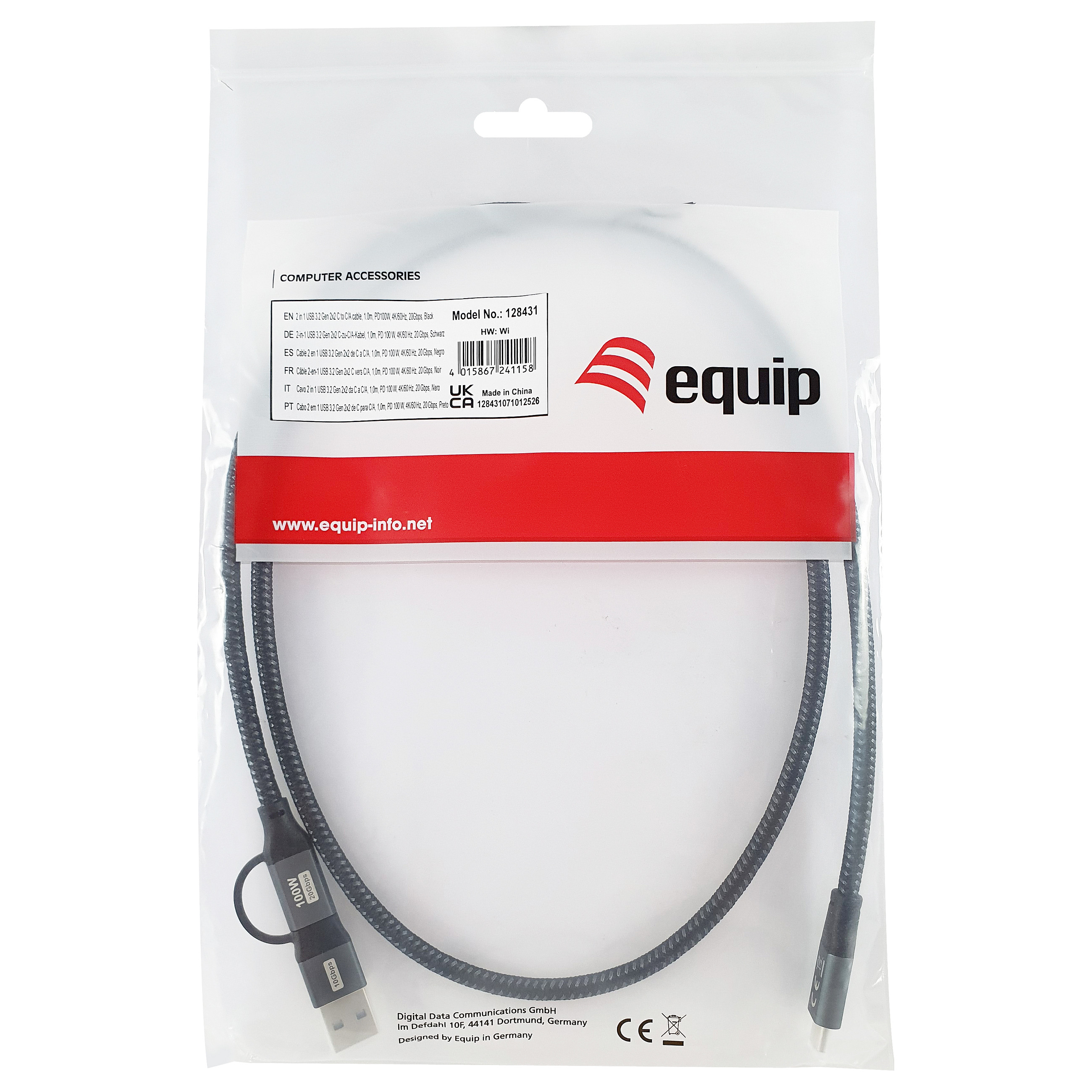 Kabel USB-C EQUIP 3.2 -> C/A St/St 1.00m 20Gbps crna boja-6