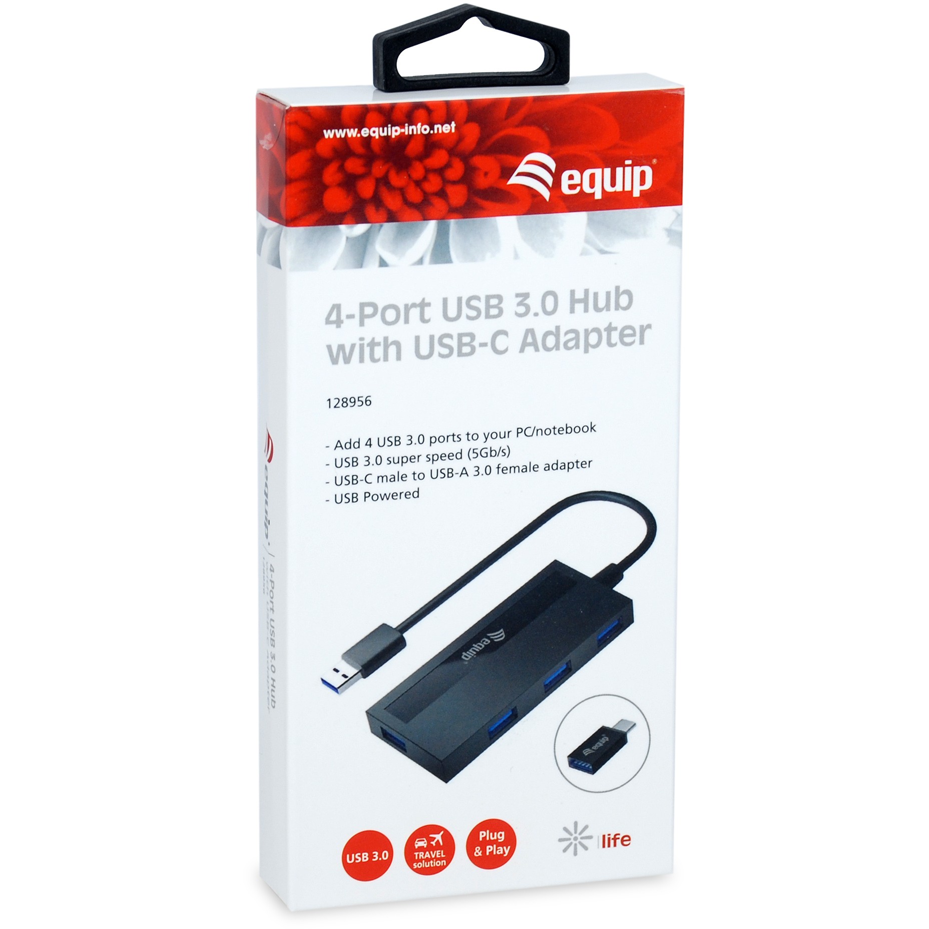 USB-Hub EQUIP 4-Port 3.2 ->4x3.0 +USB-C Adp.5Gbps o.Netz.sw-3