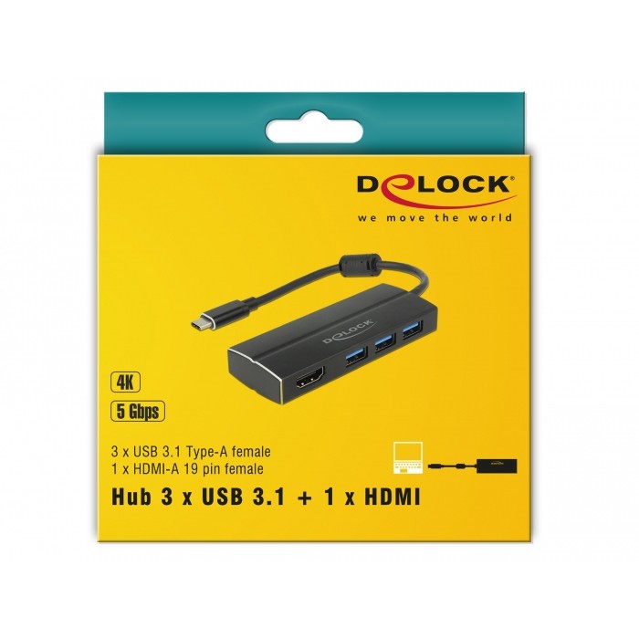 Adapter DELOCK USB 3.1 Gen 1 USB Type-C zu 3 x USB 3.0 Typ-A Hub + 1 x HDMI DP Alt Mode 4K 30 Hz-1