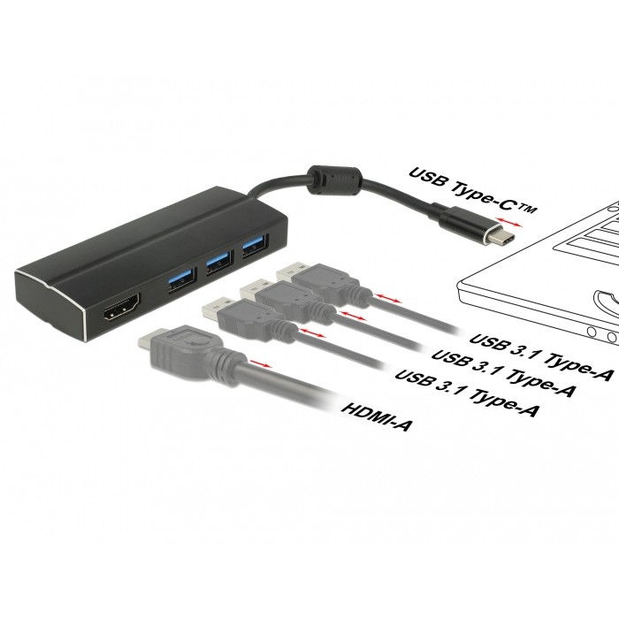 Adapter DELOCK USB 3.1 Gen 1 USB Type-C zu 3 x USB 3.0 Typ-A Hub + 1 x HDMI DP Alt Mode 4K 30 Hz-2