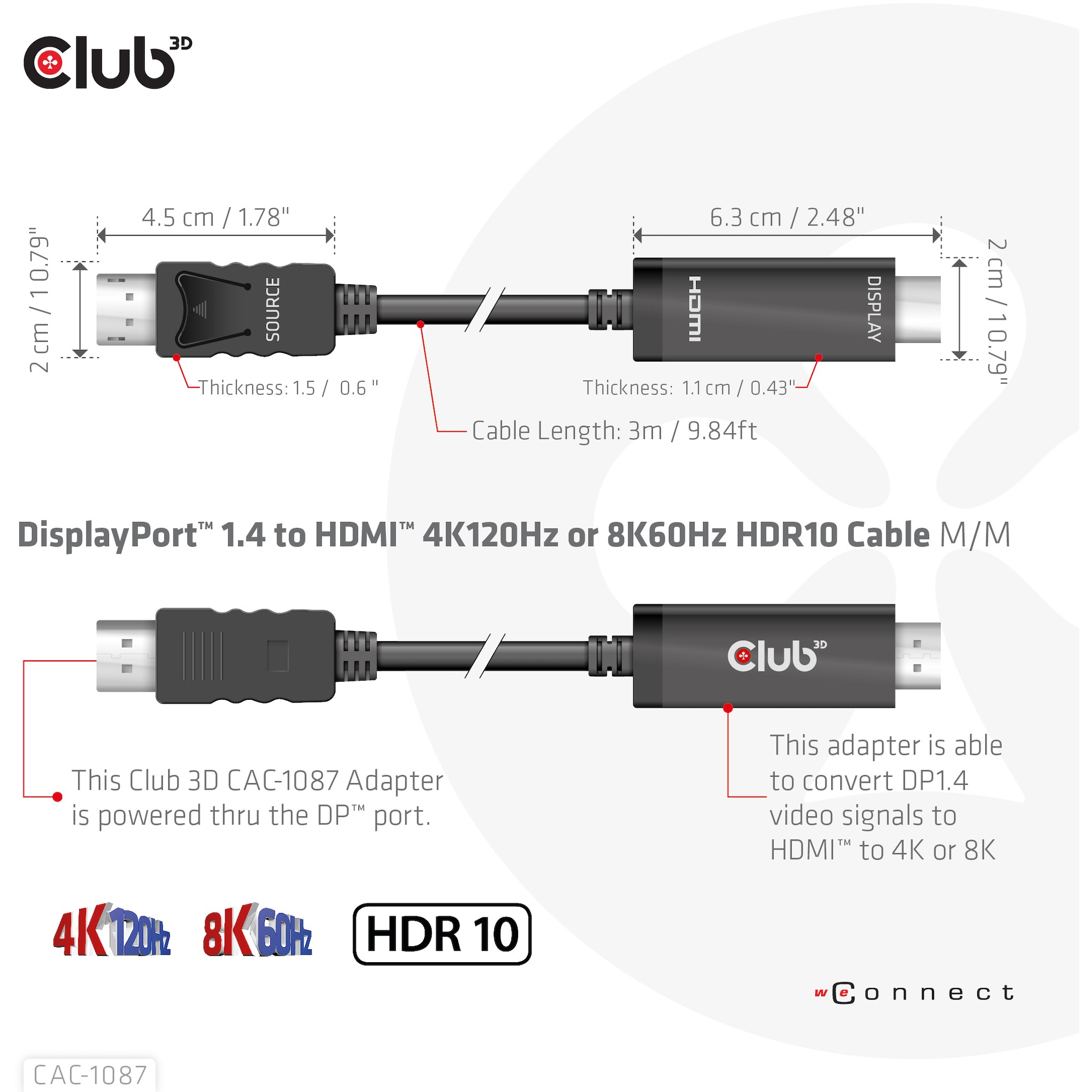 Kabel DisplayPort 1.4 > HDMI HDR 8K60Hz aktiv Club 3D 3m-3