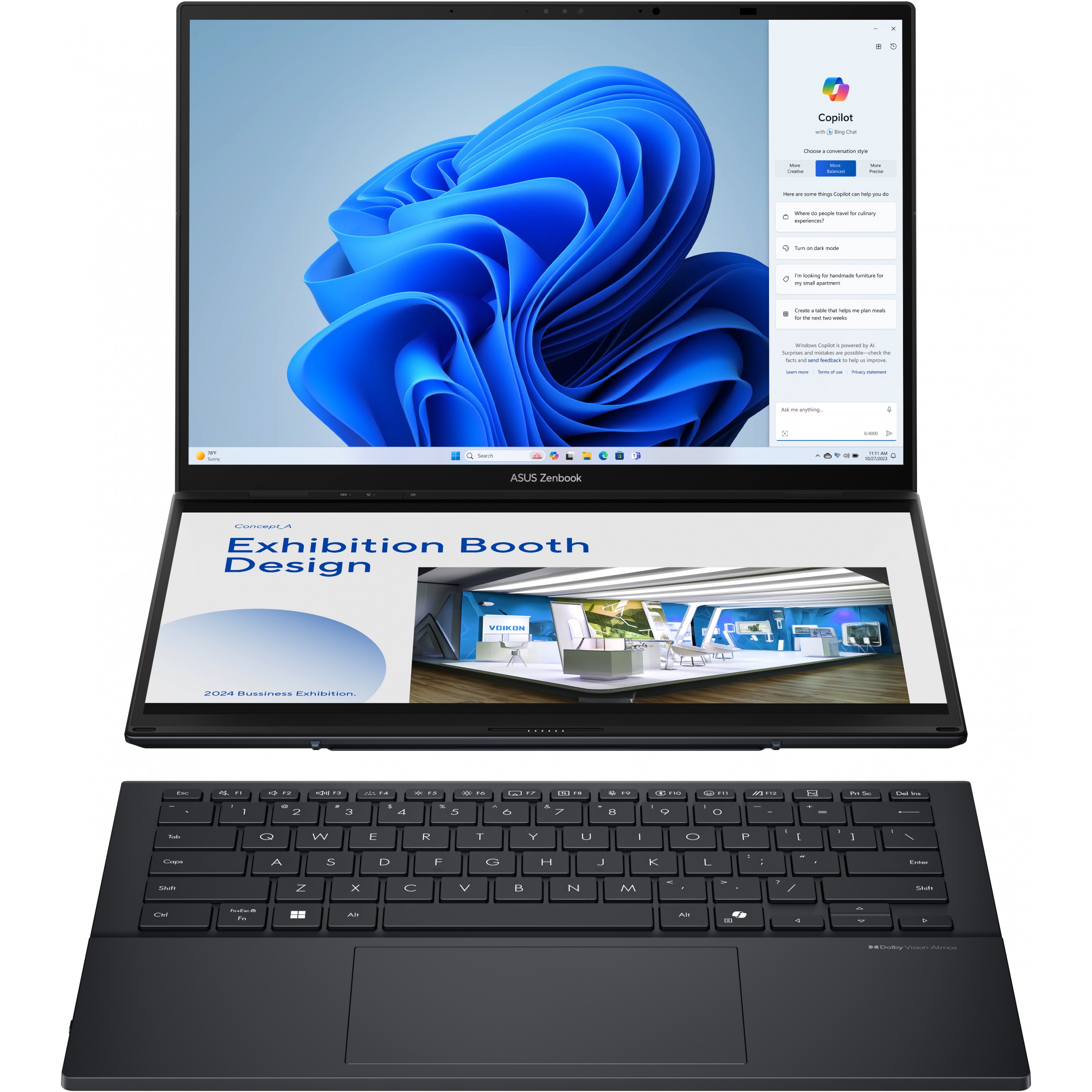 Laptop ASUS ZenBook Duo 14" U9-285H (14" FHD, Intel Core i7, 32GB RAM, 2TB SSD, Intel Iris Xe, Windows 11 Pro, hrvatska tipkovnica, plava boja) – internacionalna non HR tipkovnica