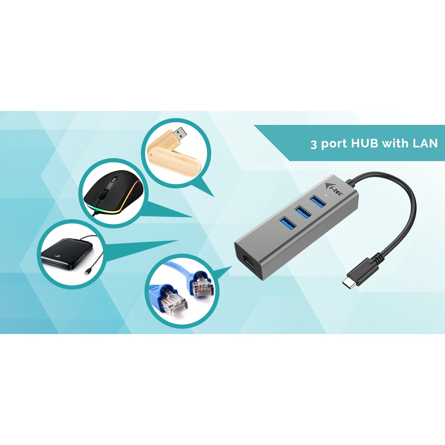 HUB I-TEC USB-C 3-PORT HUB + GLAN-7