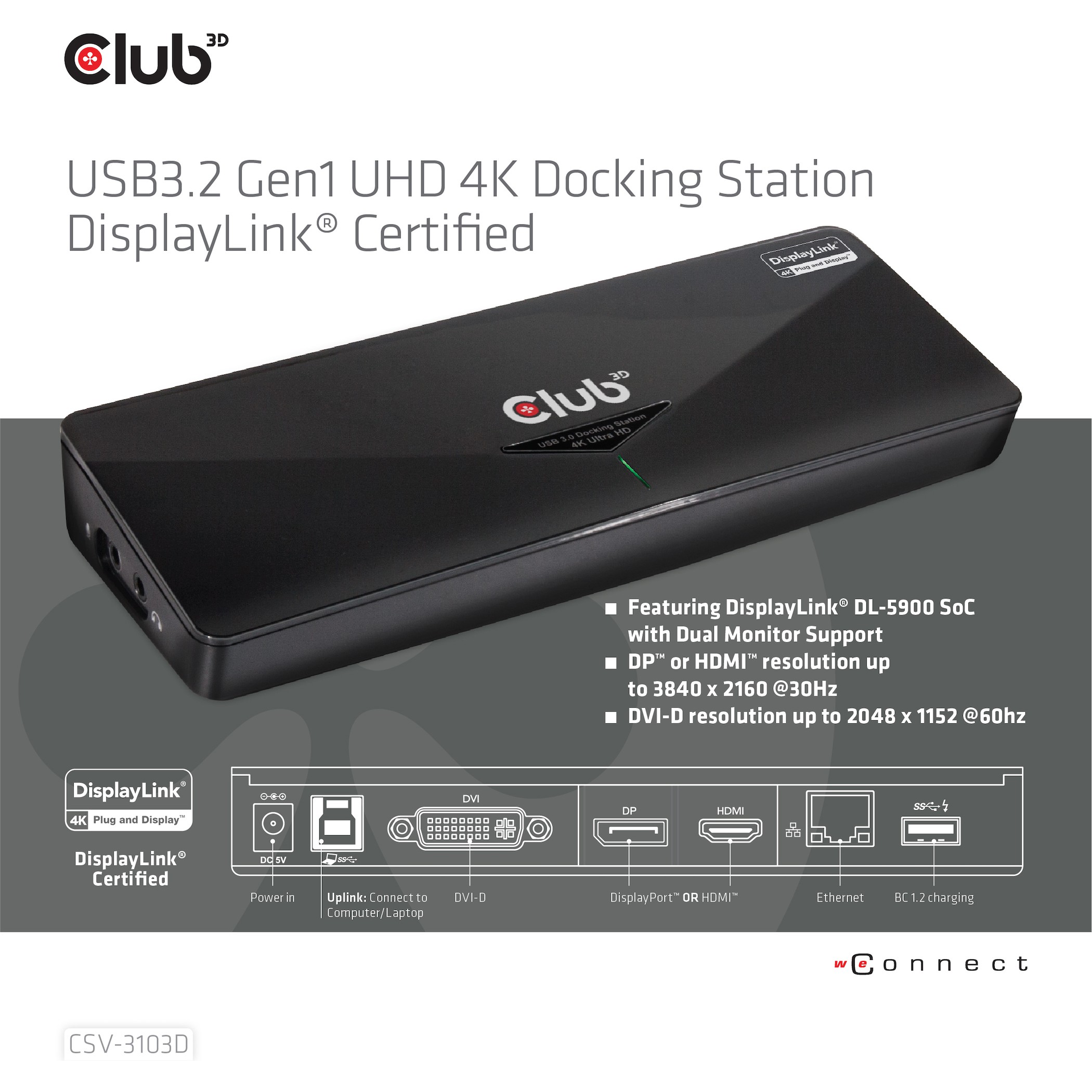 Docking stanica Club 3D 4K USB3 ->3xUSB3/HDMI/DP/DVI crna boja-2