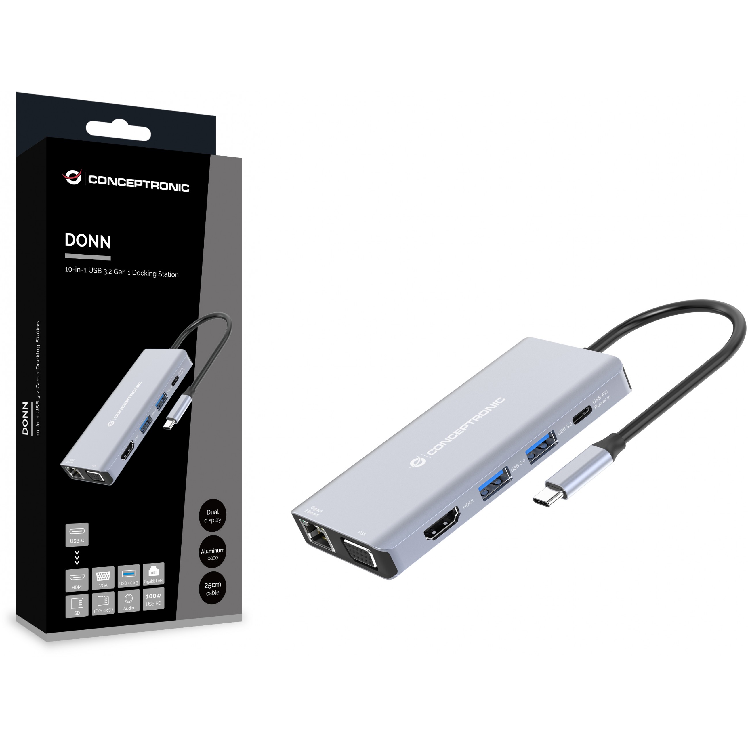 Dock CONCEPTRONIC 10-1 USB-C->HDMI/USB-A/VGA/AUX/+ 25cm-1