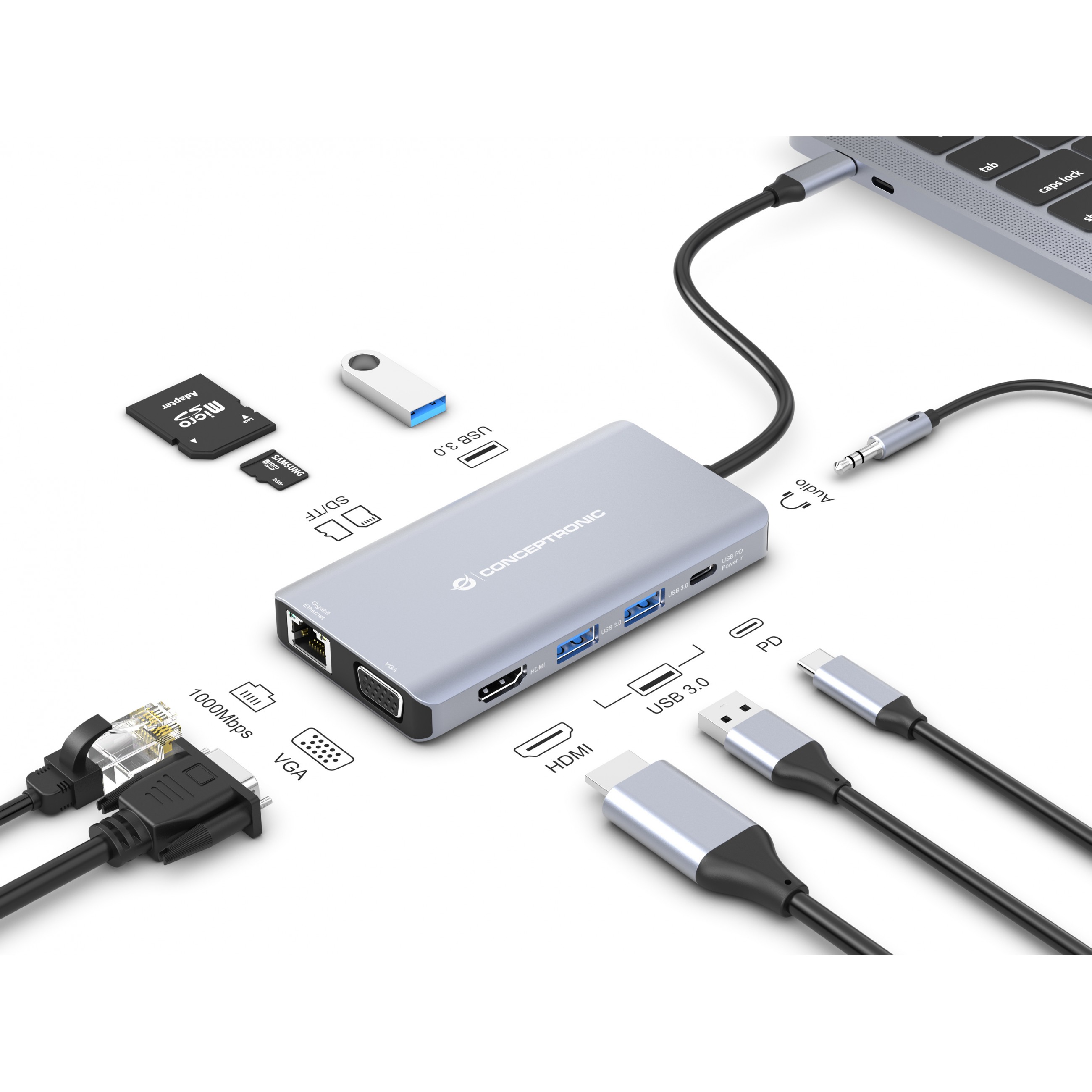 Dock CONCEPTRONIC 10-1 USB-C->HDMI/USB-A/VGA/AUX/+ 25cm-4
