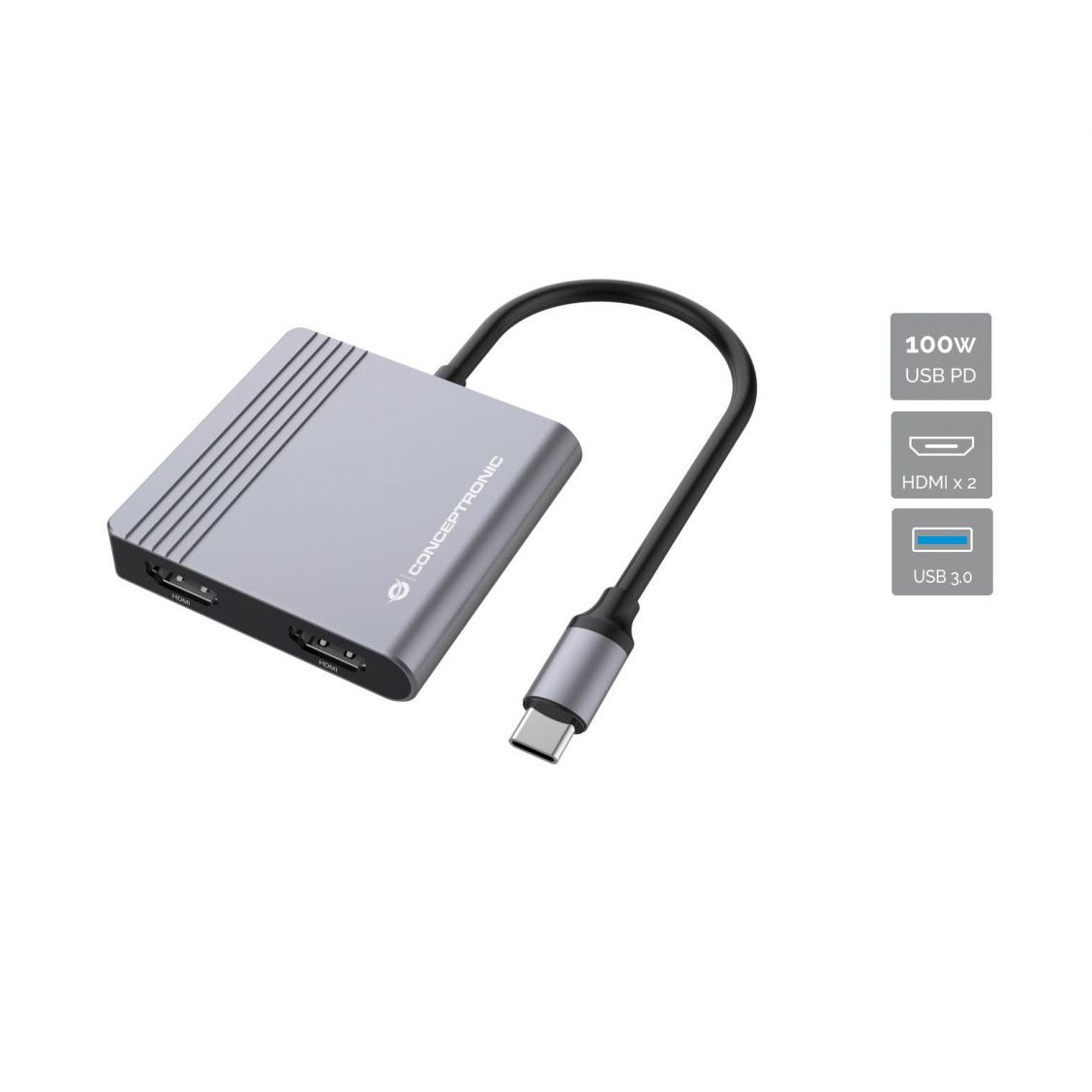 Dock CONCEPTRONIC 4-1 USB-C->2xHDMI/USB-A/100WPD 25cm-0