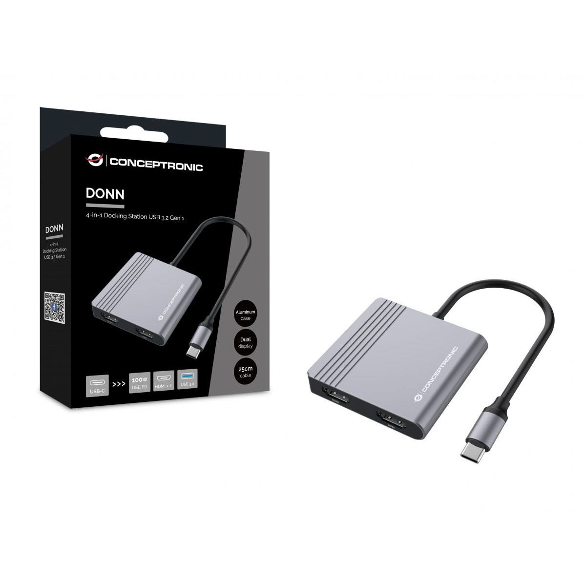 Dock CONCEPTRONIC 4-1 USB-C->2xHDMI/USB-A/100WPD 25cm-3