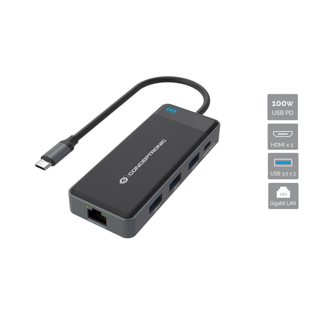 Dock CONCEPTRONIC 7-1 USB-C->2xHDMI/3xUSB-A/GbE/+ 25cm-0