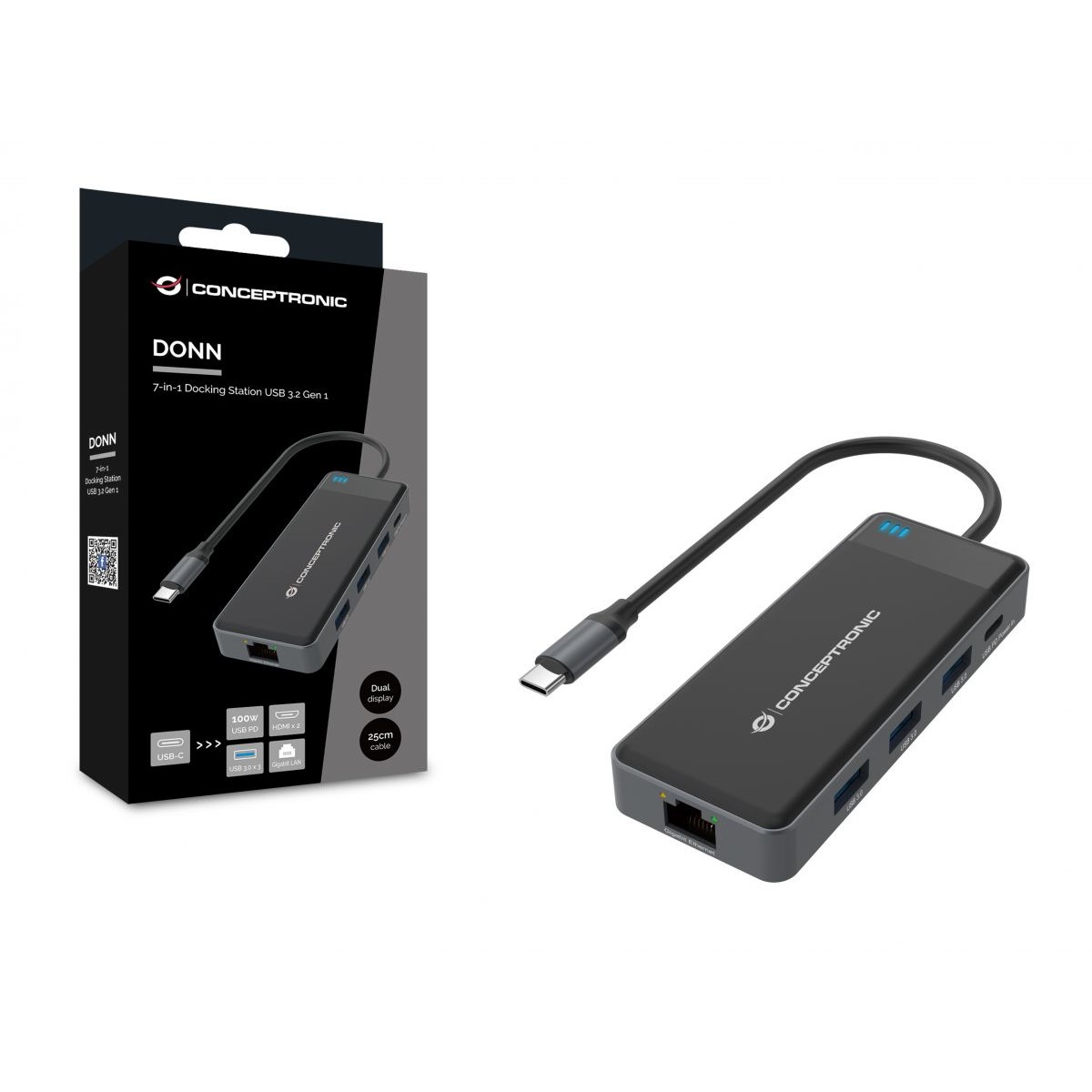 Dock CONCEPTRONIC 7-1 USB-C->2xHDMI/3xUSB-A/GbE/+ 25cm-7