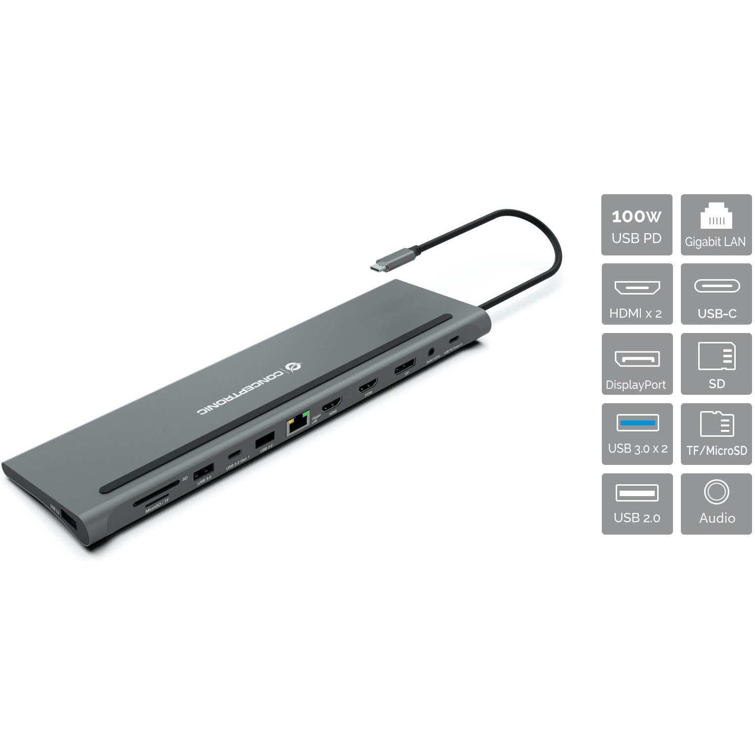 Dock CONCEPTRONIC 12-1 USB-C->2xHDMI/3xUSB-A/DP/+ 18cm-1