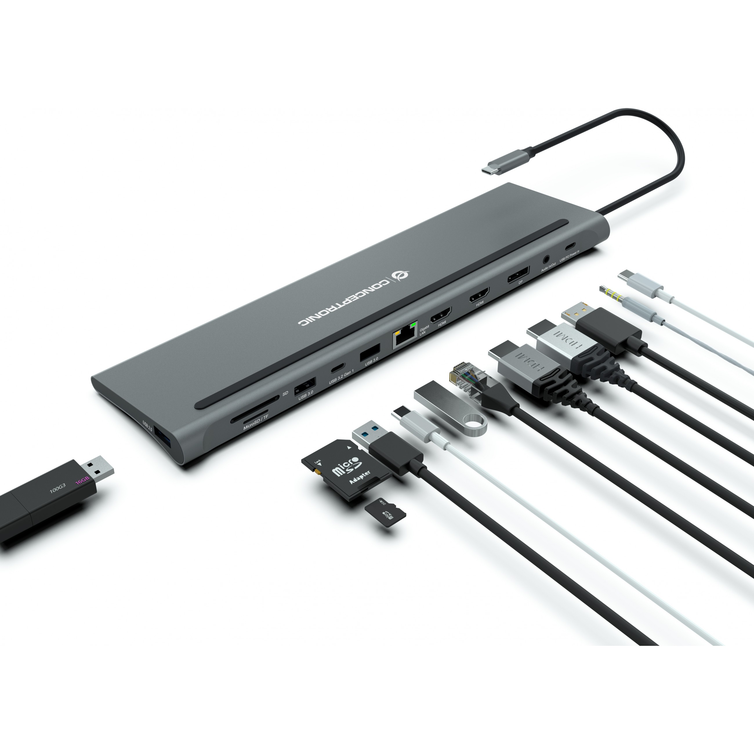 Dock CONCEPTRONIC 12-1 USB-C->2xHDMI/3xUSB-A/DP/+ 18cm-4