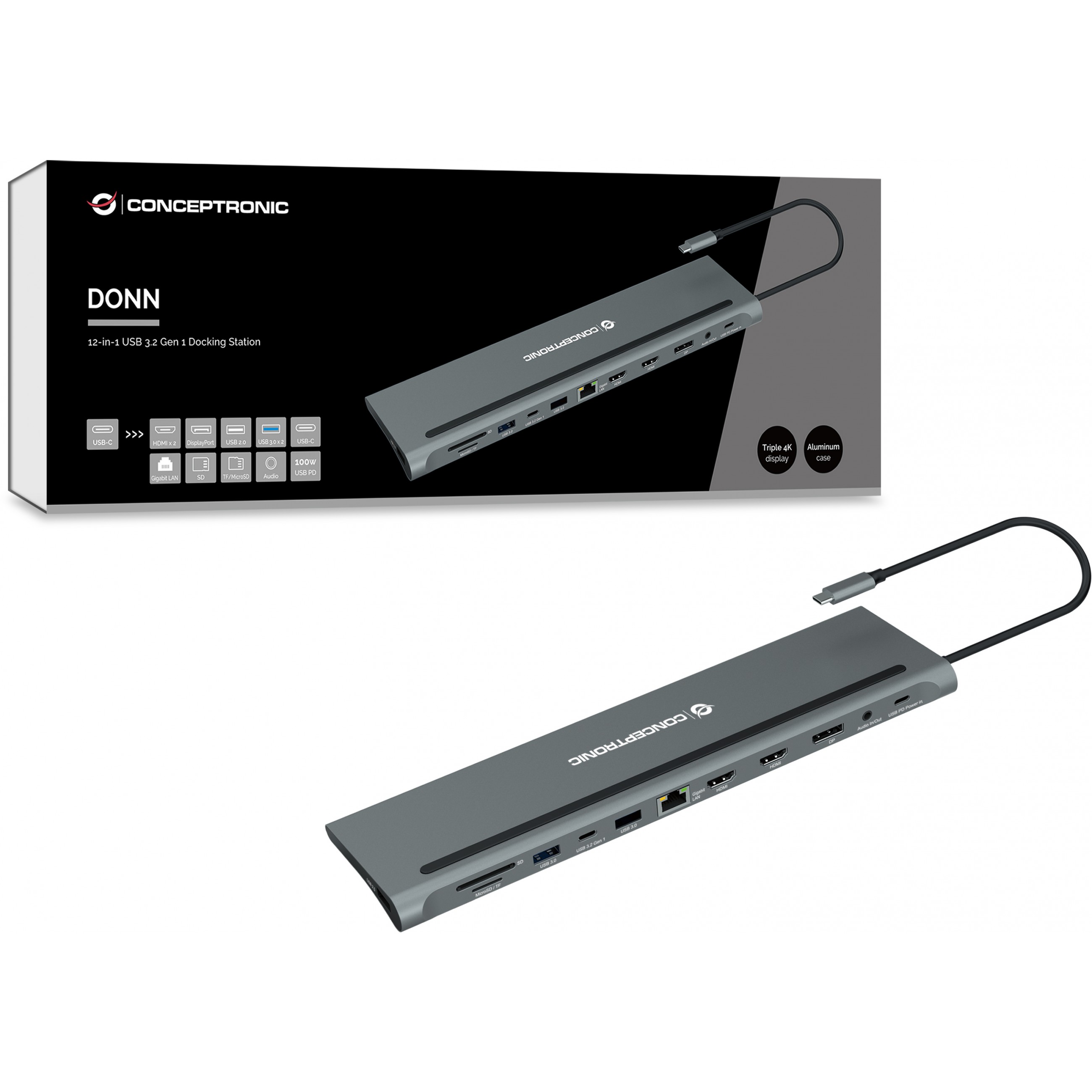 Dock CONCEPTRONIC 12-1 USB-C->2xHDMI/3xUSB-A/DP/+ 18cm-7
