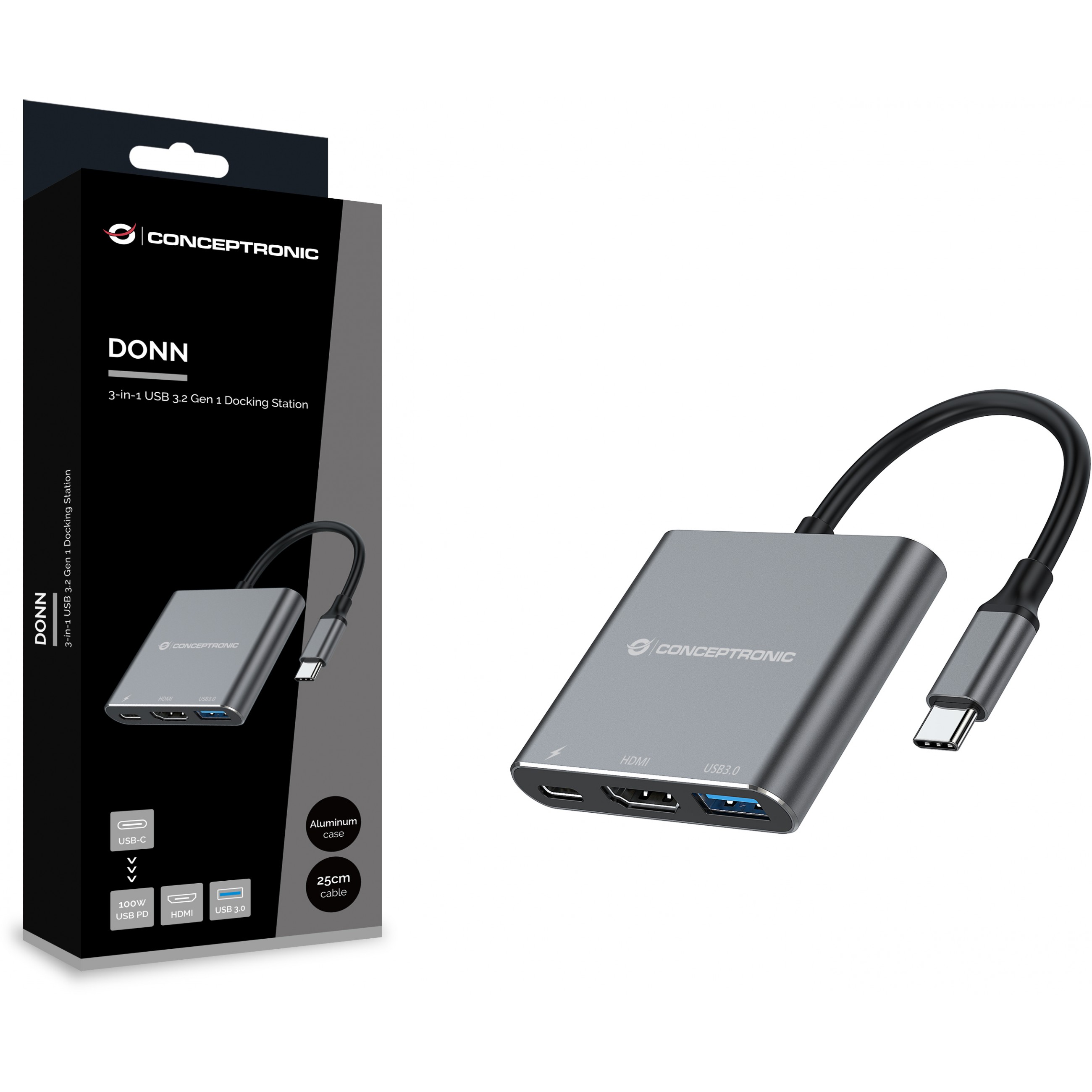 Adapter CONCEPTRONIC 3-1 Dock USB-C->HDMI/USB-A/100WPD 25cm-7