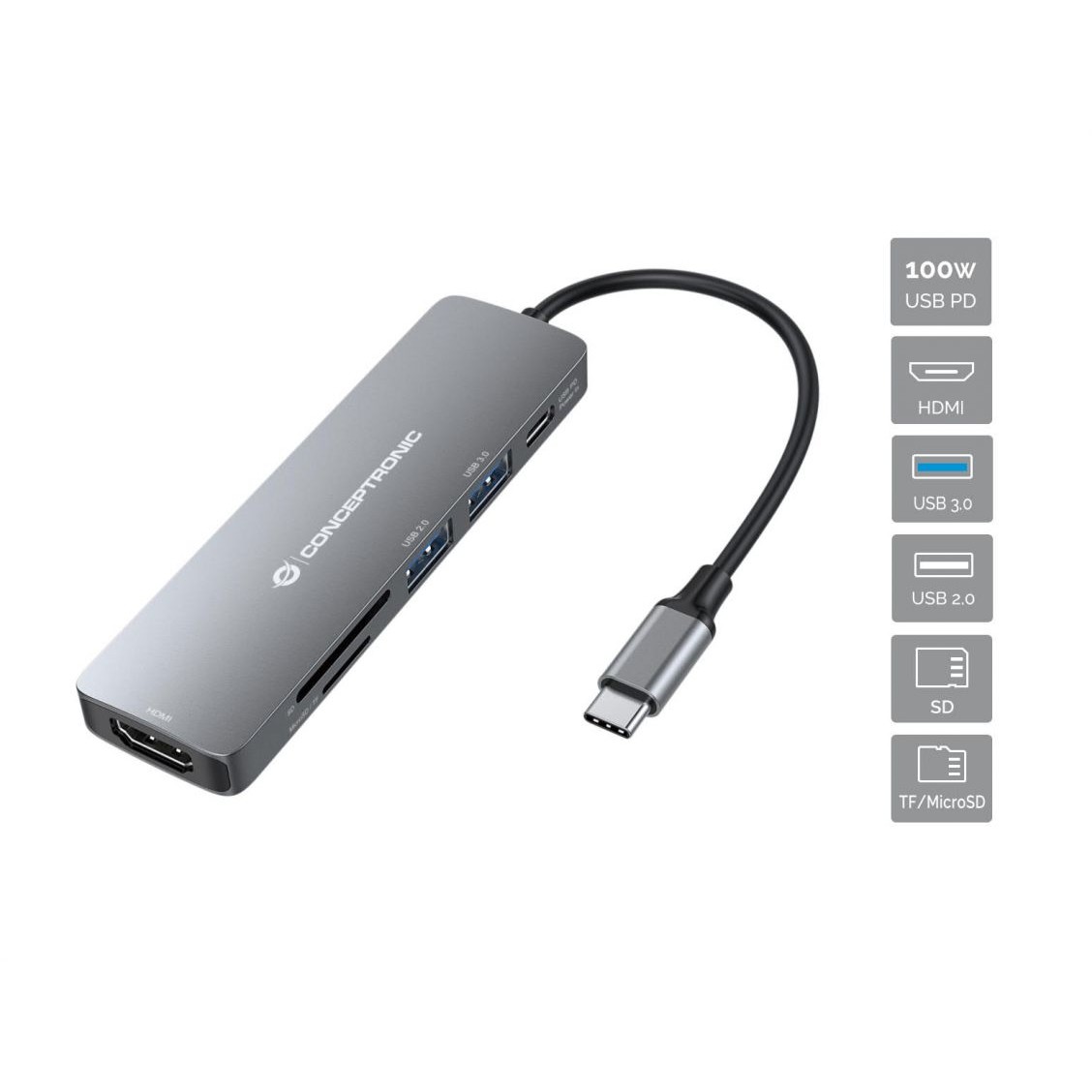 Dock CONCEPTRONIC 6-1 USB-C->HDMI/2xUSB-A/SD/TF/+ 15cm-0