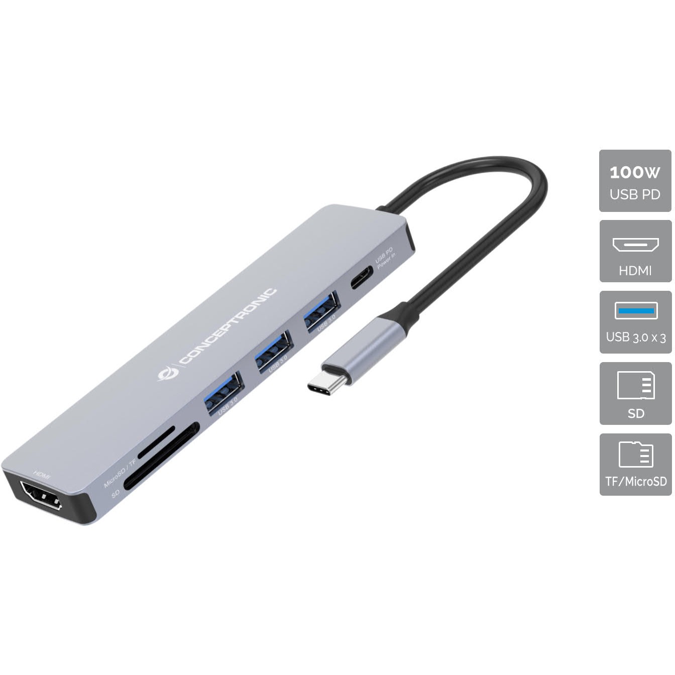 Dock CONCEPTRONIC 7-1 USB-C->HDMI/3xUSB-A/SD/TF/+ 25cm-0