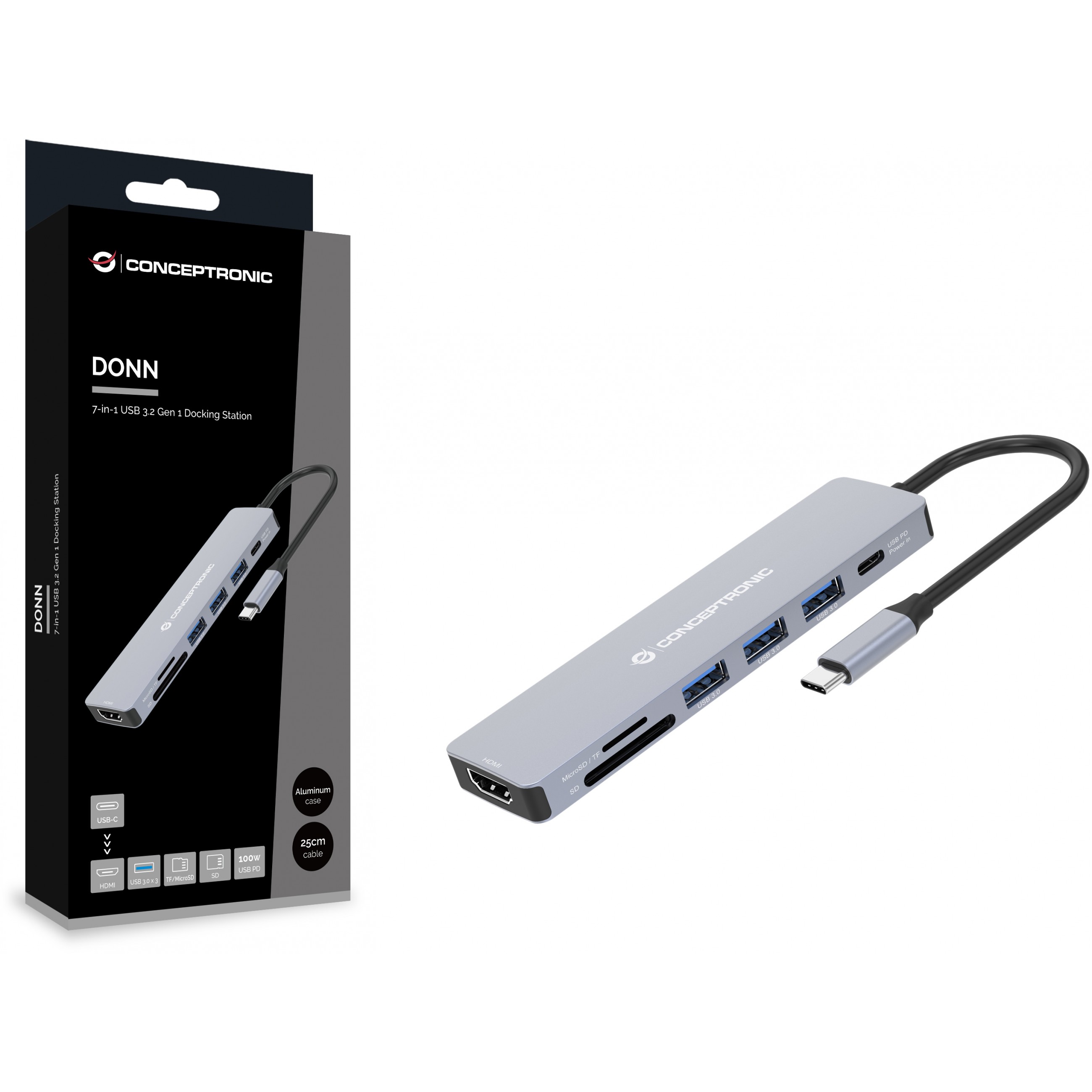 Dock CONCEPTRONIC 7-1 USB-C->HDMI/3xUSB-A/SD/TF/+ 25cm-3