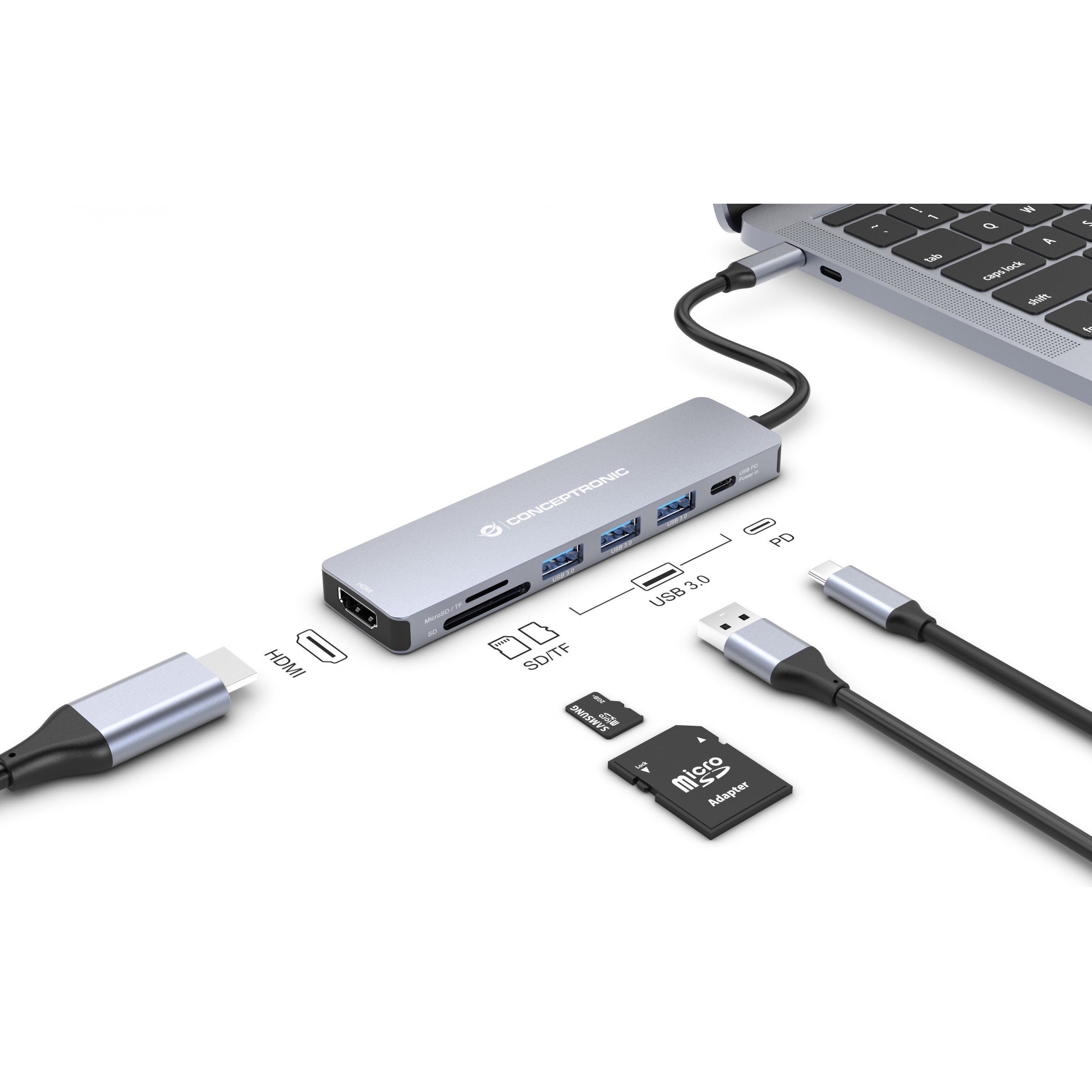 Dock CONCEPTRONIC 7-1 USB-C->HDMI/3xUSB-A/SD/TF/+ 25cm-6