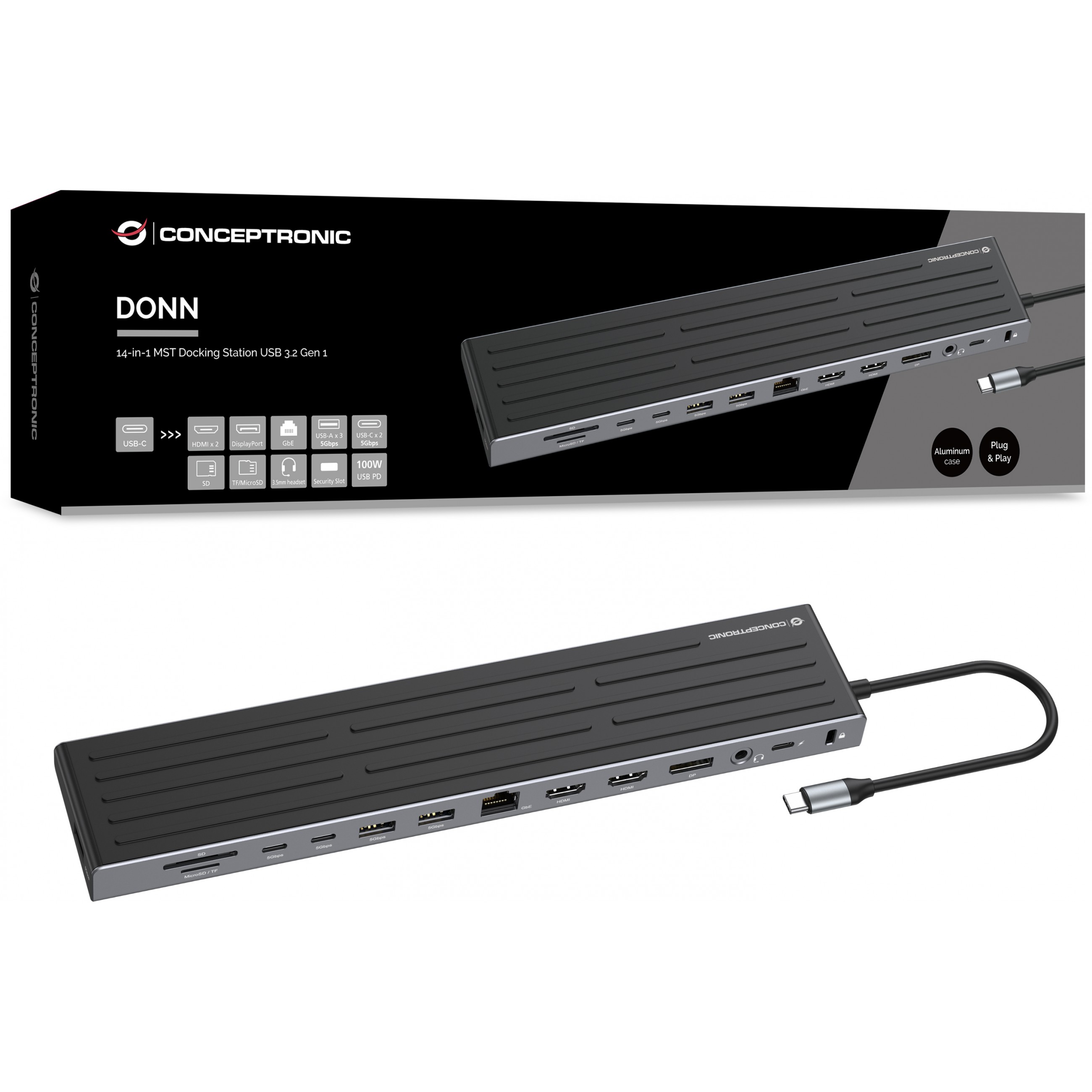 Dock CONCEPTRONIC 14-1 USB-C->2xHDMI/DP/2xUSB-C/+ 18cm sw-4