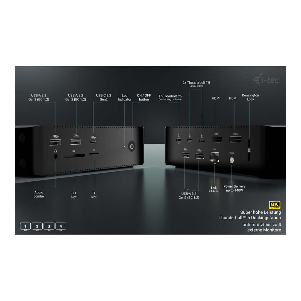 Adapter I-TEC Thunderbolt 5 Quattro Display DS 2xTB5 2xHDMI 1x2.5GLAN 1xAudio/Mic 1xUSB-C Gen2-11