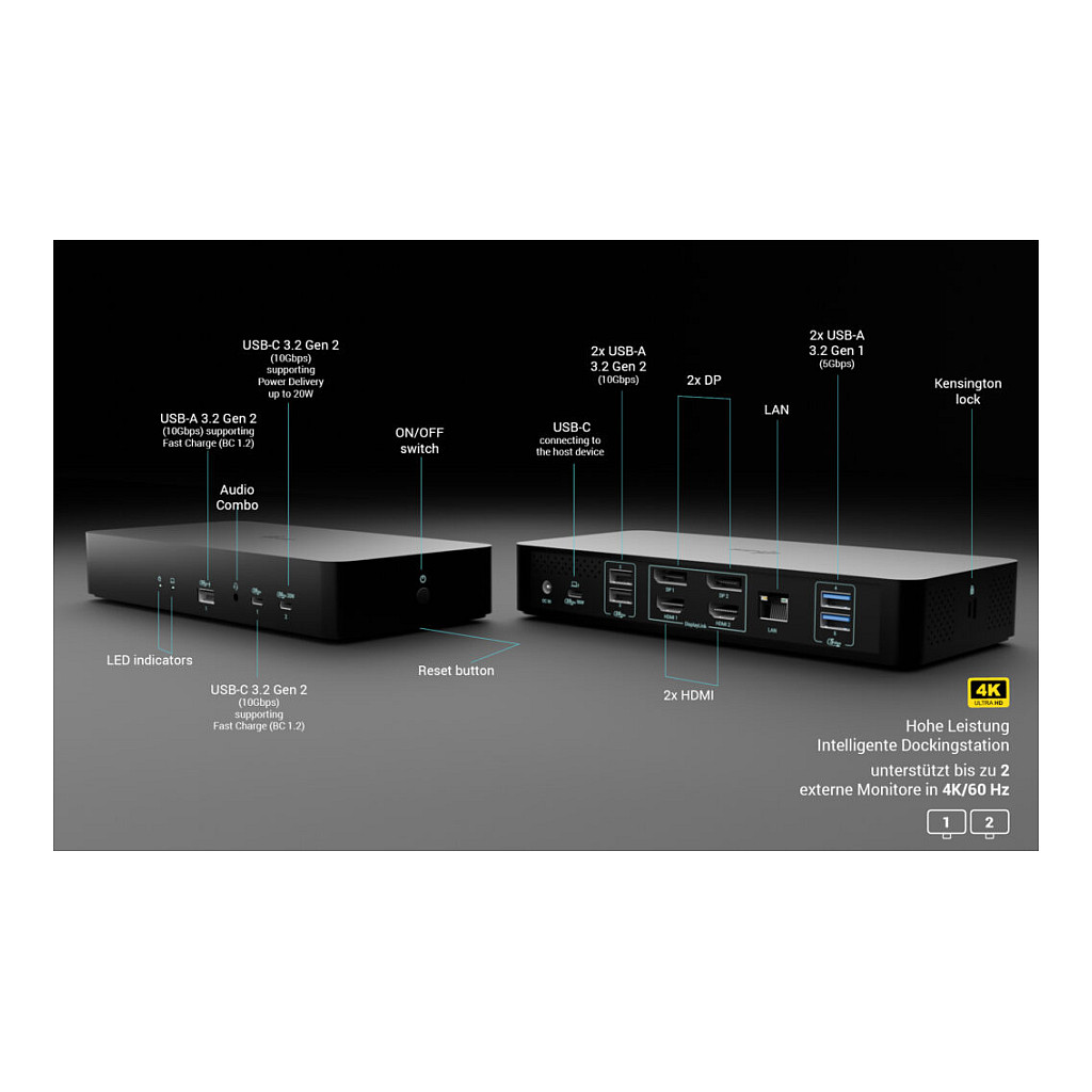 Adapter I-TEC Universal Intelligent Dual Display DS 2xHDMI 2xDP 1xGLAN 2xUSB-C Gen2 3xUSB-A Gen2-1