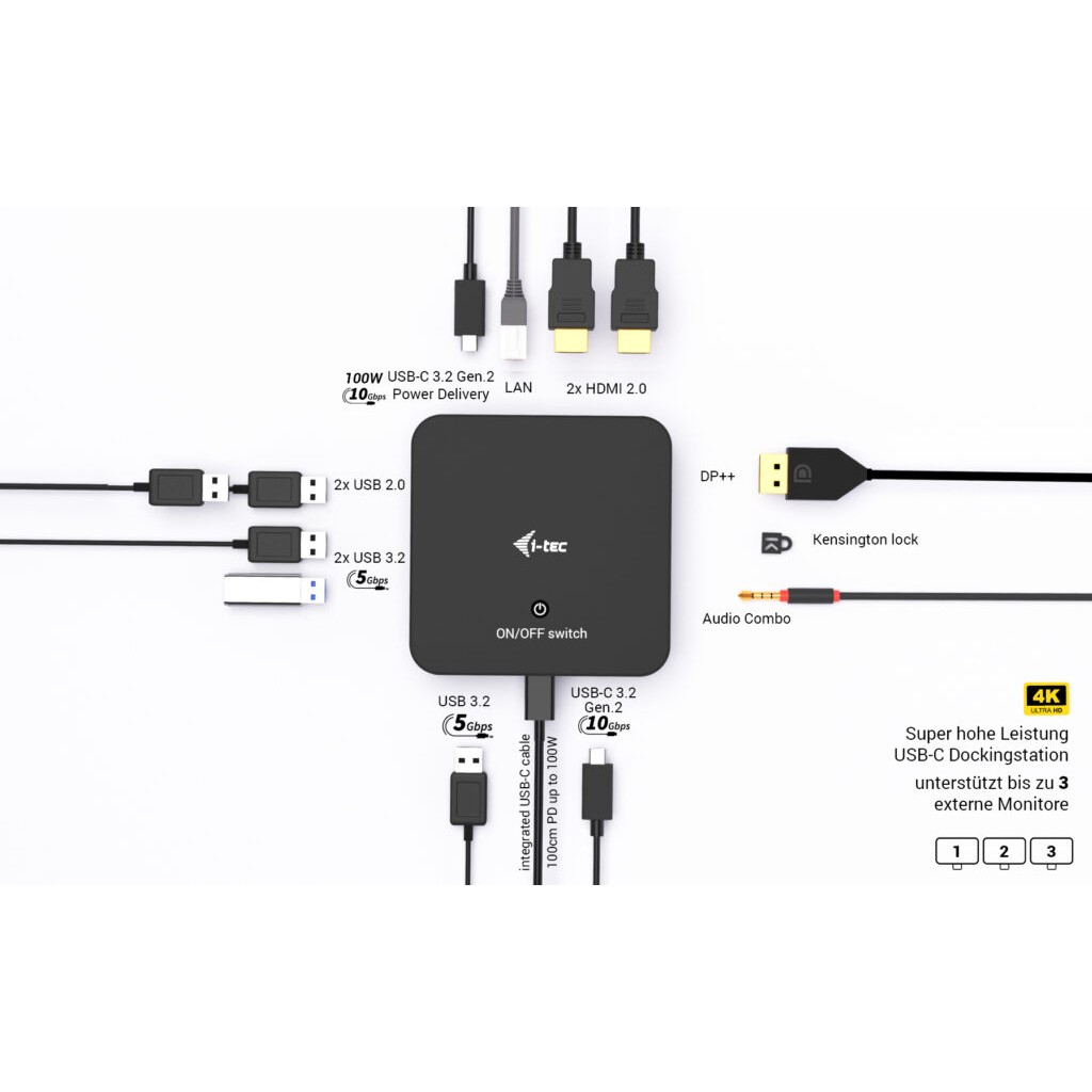 Adapter I-TEC USB-C DS 2 x HDMI 1x DP 1x GLAN 1x USB-C 3.2 3x USB-A 3.2 2x USB 2.0 1x 3.5mm Audio-3