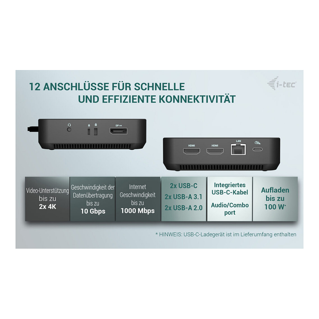 Adapter I-TEC USB-C DS 2 x HDMI 1x DP 1x GLAN 1x USB-C 3.2 3x USB-A 3.2 2x USB 2.0 1x 3.5mm Audio-11
