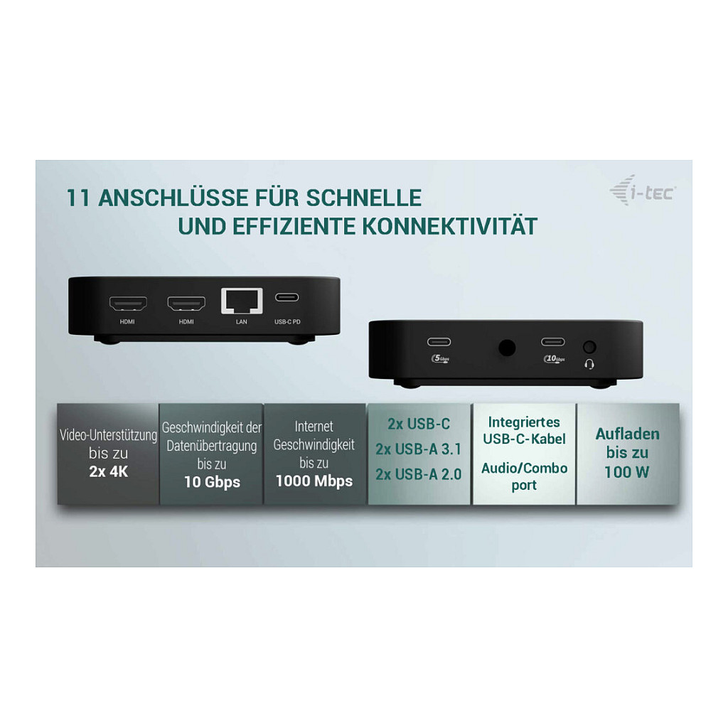 Adapter I-TEC USB-C Dual HDMI DS 2xHDMI 1xGLAN 2xUSB-A 3.2 2xUSB 2.0 1xUSB-C Gen2 1xUSB-C Gen1 k 1x100W USB-C PD+punjač 100W-9