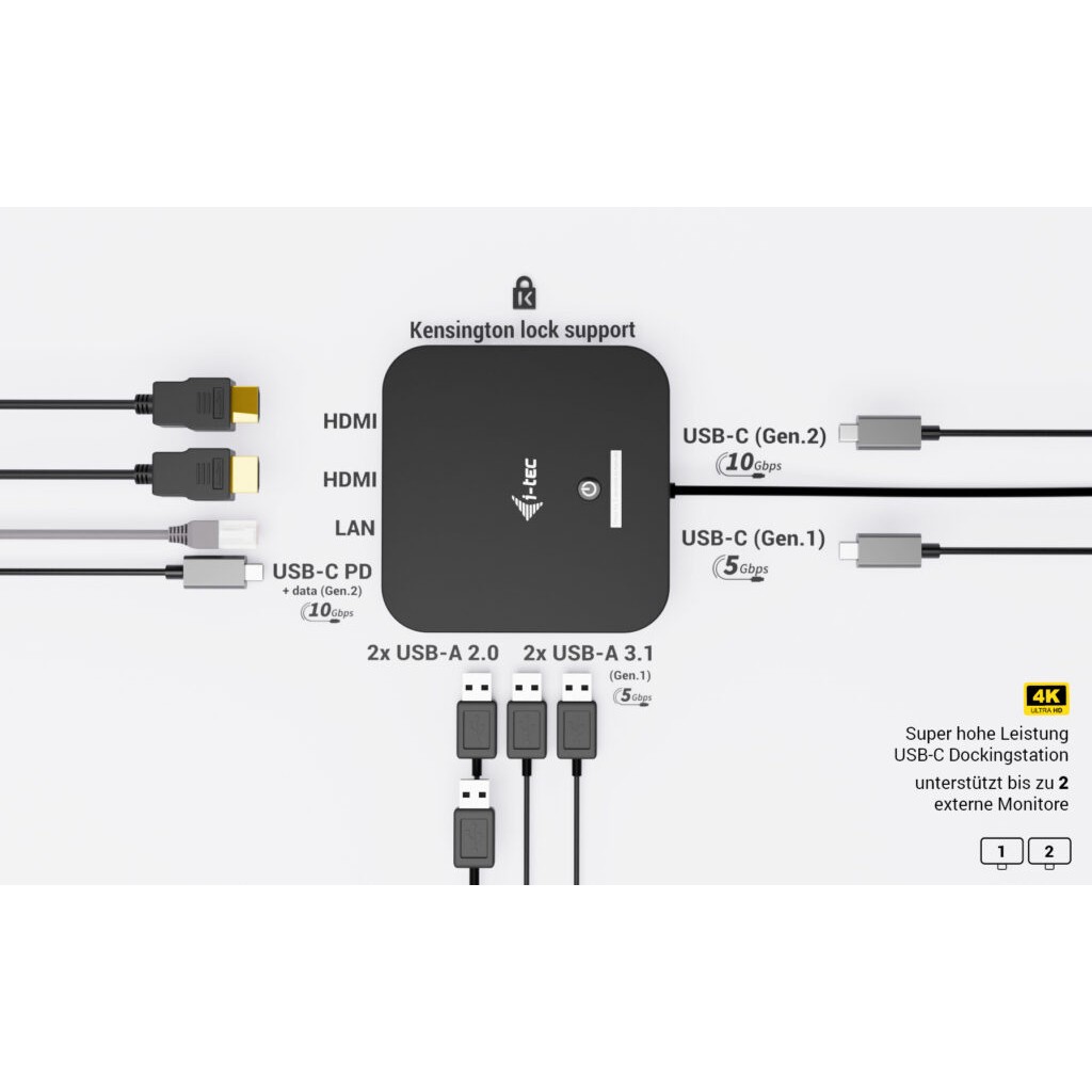 Adapter I-TEC USB-C Dual HDMI DS 2x HDMI 1x GLAN 2x USB-A 3.2 2x USB 2.0 1x USB-C Gen2 1x USB-C-3