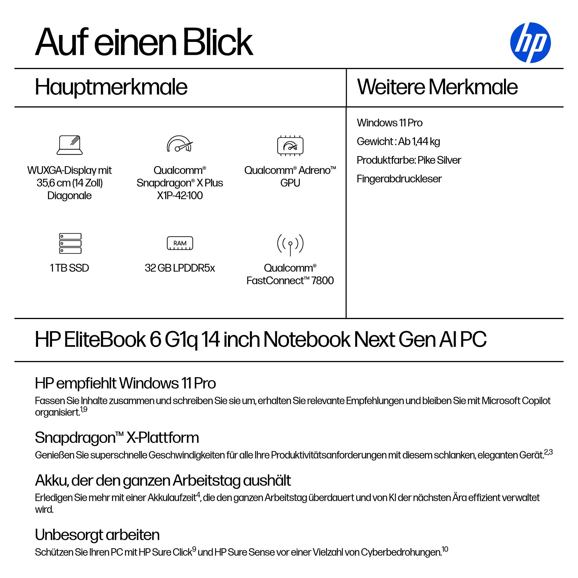 Laptop HP EliteBook 6 G1q Qualcomm Snapdragon X Plus (35.56 cm, 14 Zoll, WUXGA, 32GB RAM, 1TB SSD, Windows 11 Pro, njemačka tipkovnica) – internacionalna non HR tipkovnica-16