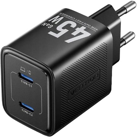 Punjač VENTION 45W GaN PD 2x USB-C crna boja-0