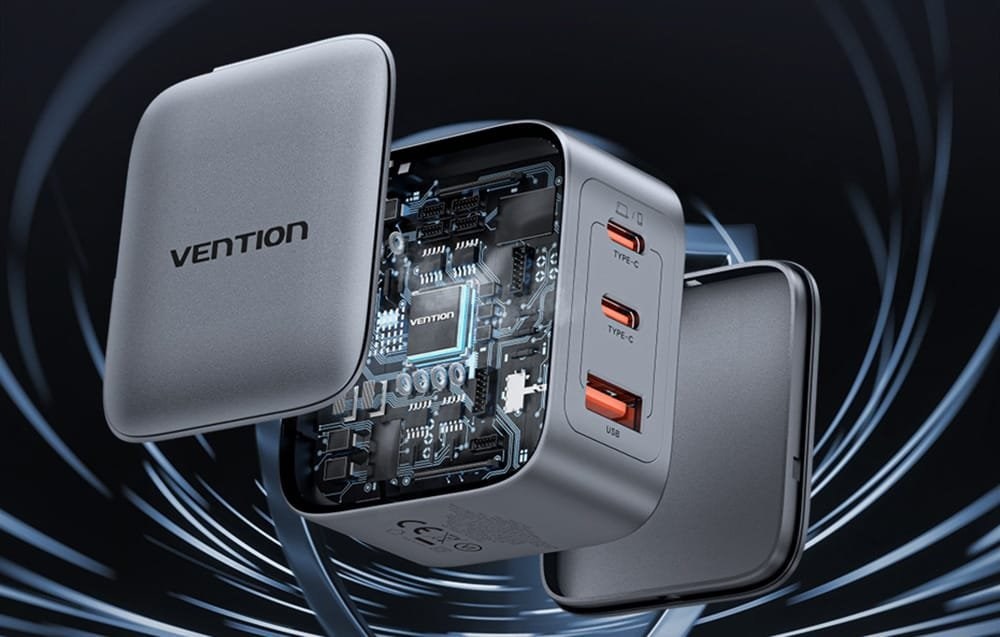 Punjač VENTION 70W GaN PD 1x USB-A 2x USB-C crna boja-5