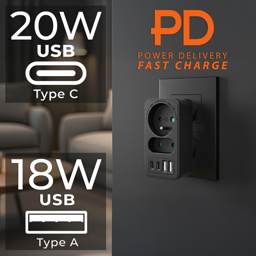 Utičnica Maclean MCE249 F/B splitter s 2 utičnice + 4xUSB (2xUSB A, 2xUSB C PD 20W)-0