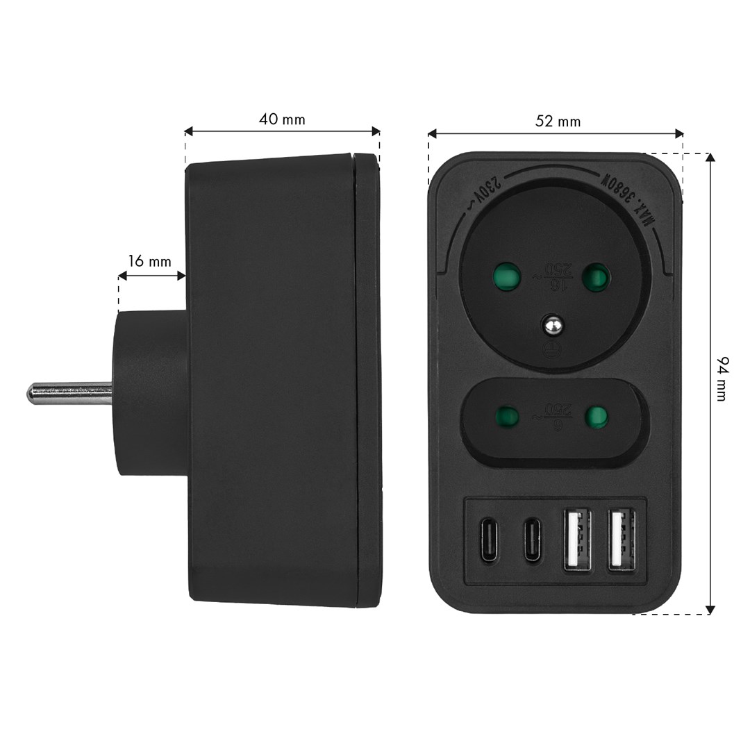 Utičnica Maclean MCE249 F/B splitter s 2 utičnice + 4xUSB (2xUSB A, 2xUSB C PD 20W)-5