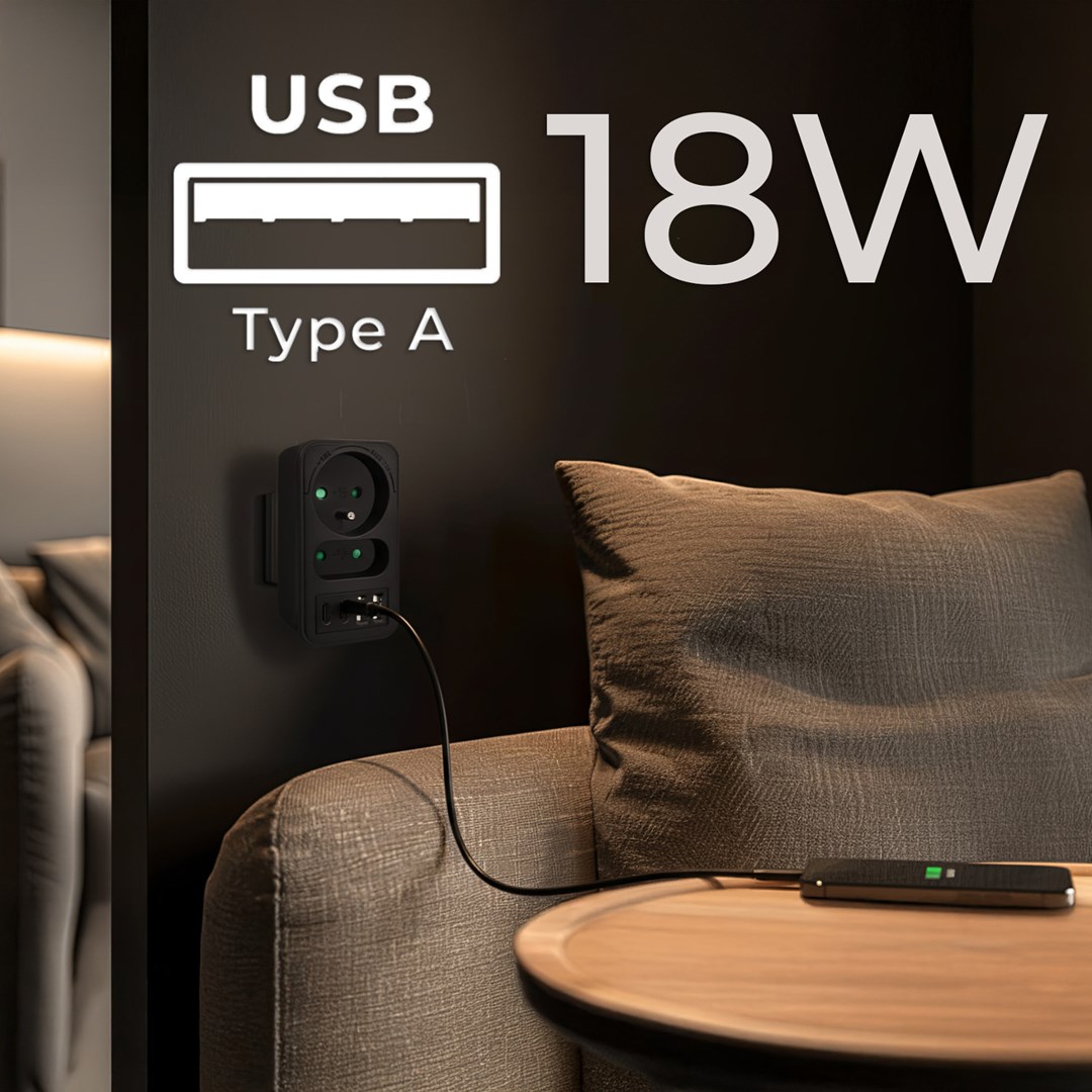 Utičnica Maclean MCE249 F/B splitter s 2 utičnice + 4xUSB (2xUSB A, 2xUSB C PD 20W)-2