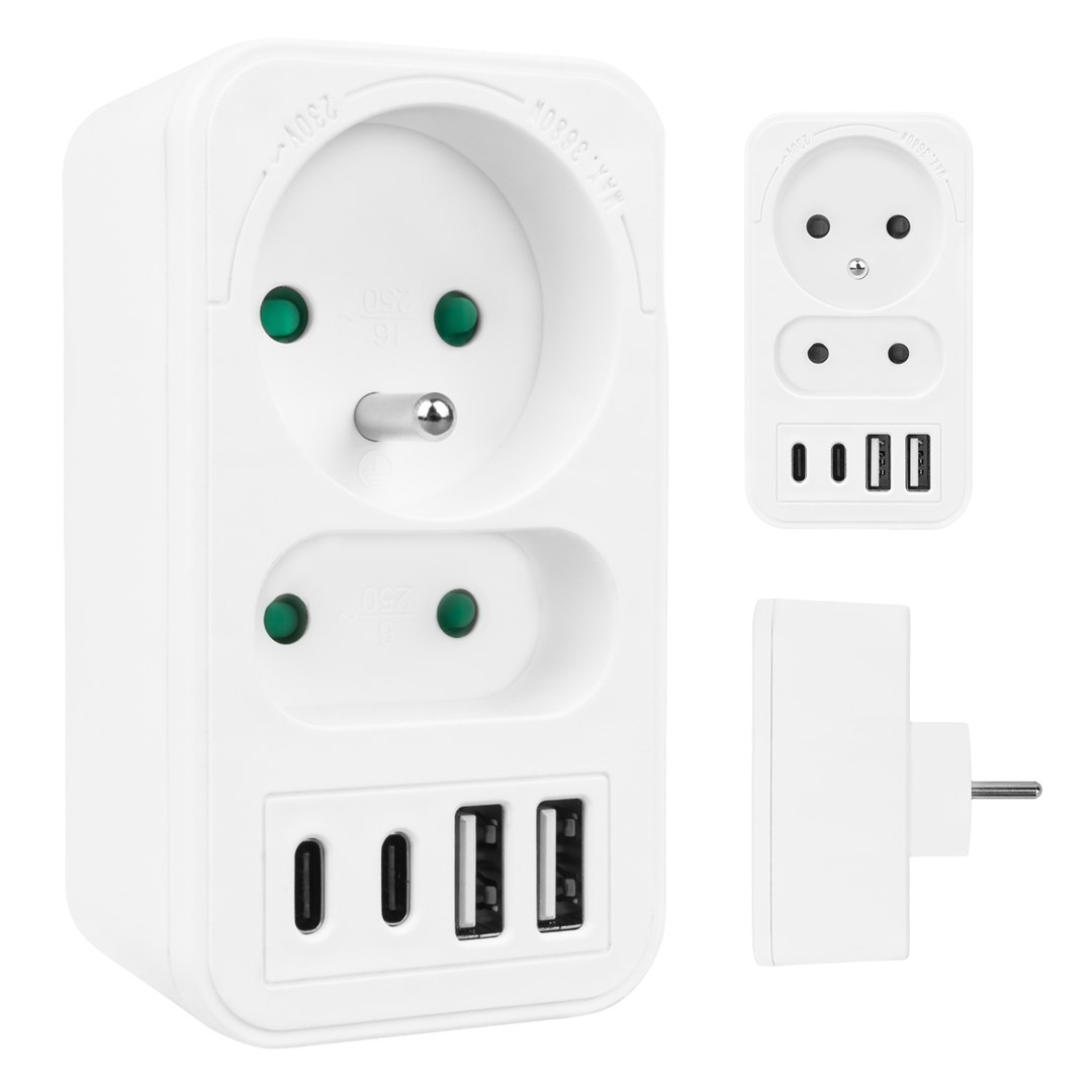 Utičnica Current socket x2 + 4xUSB MACLEAN MCE249 F/W (2 utičnice, 4 USB priključka)