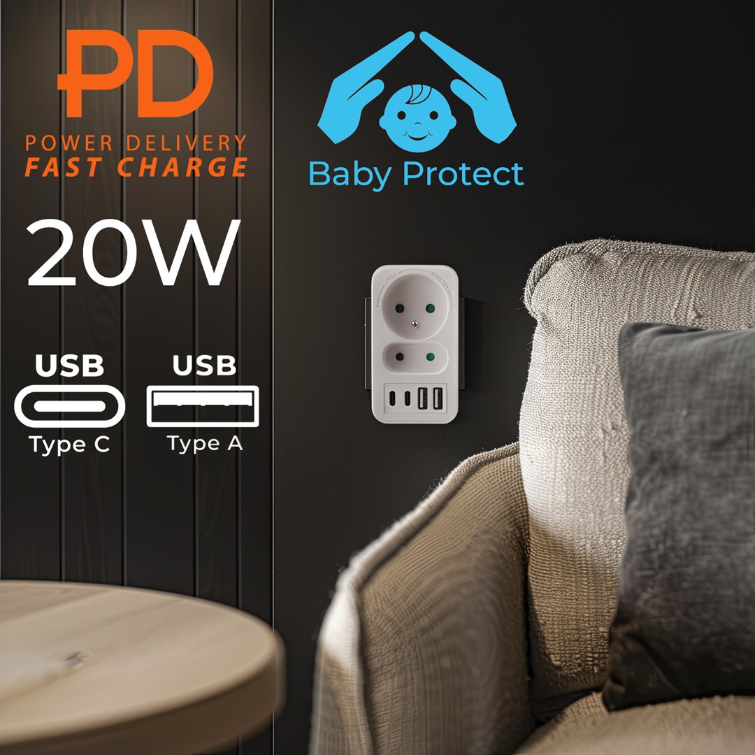Utičnica Current socket x2 + 4xUSB MACLEAN MCE249 F/W (2 utičnice, 4 USB priključka)-7
