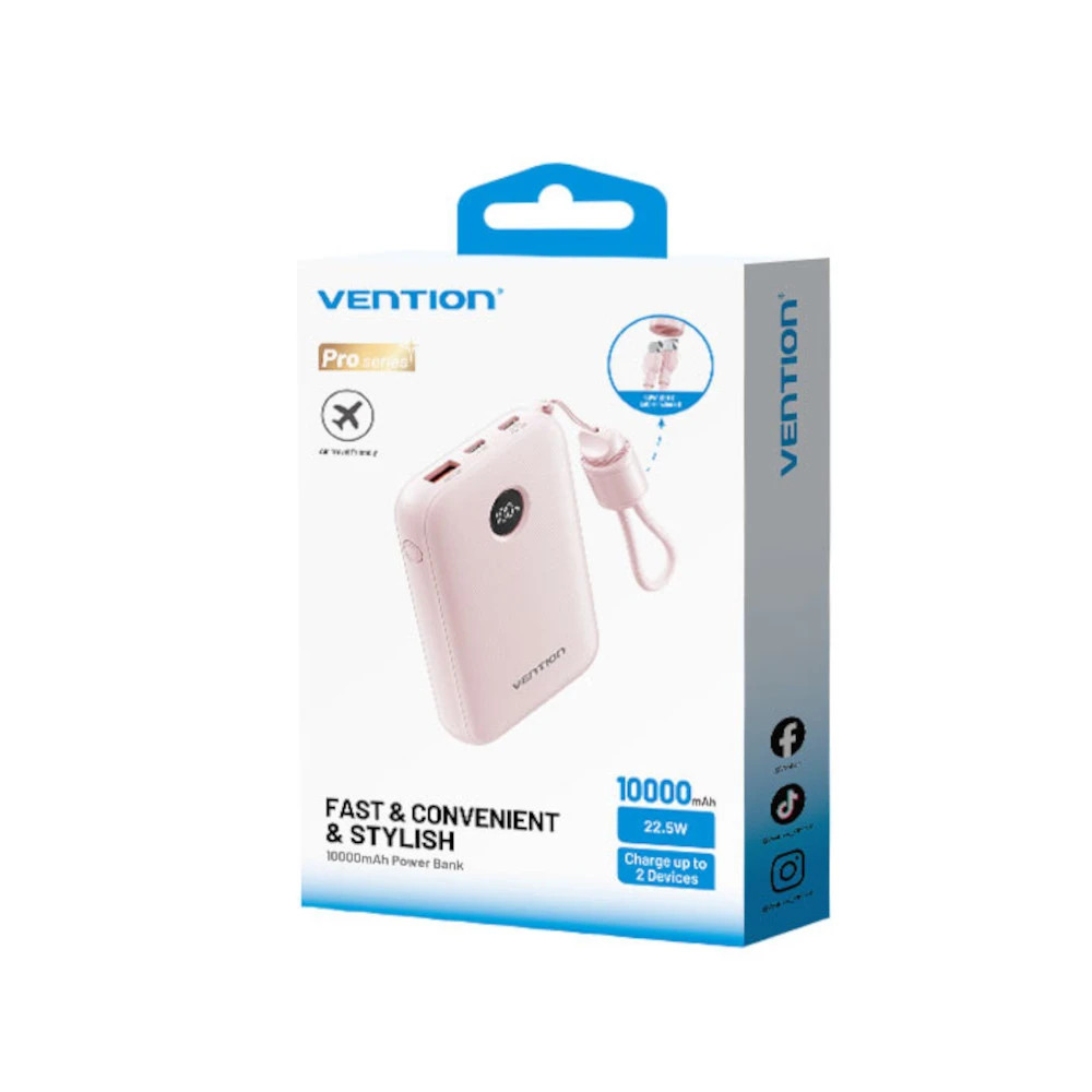 Powerbank VENTION 10000mAh 2 x USB-C 1x USB-A s prikazom 22,5W ružičasti-3