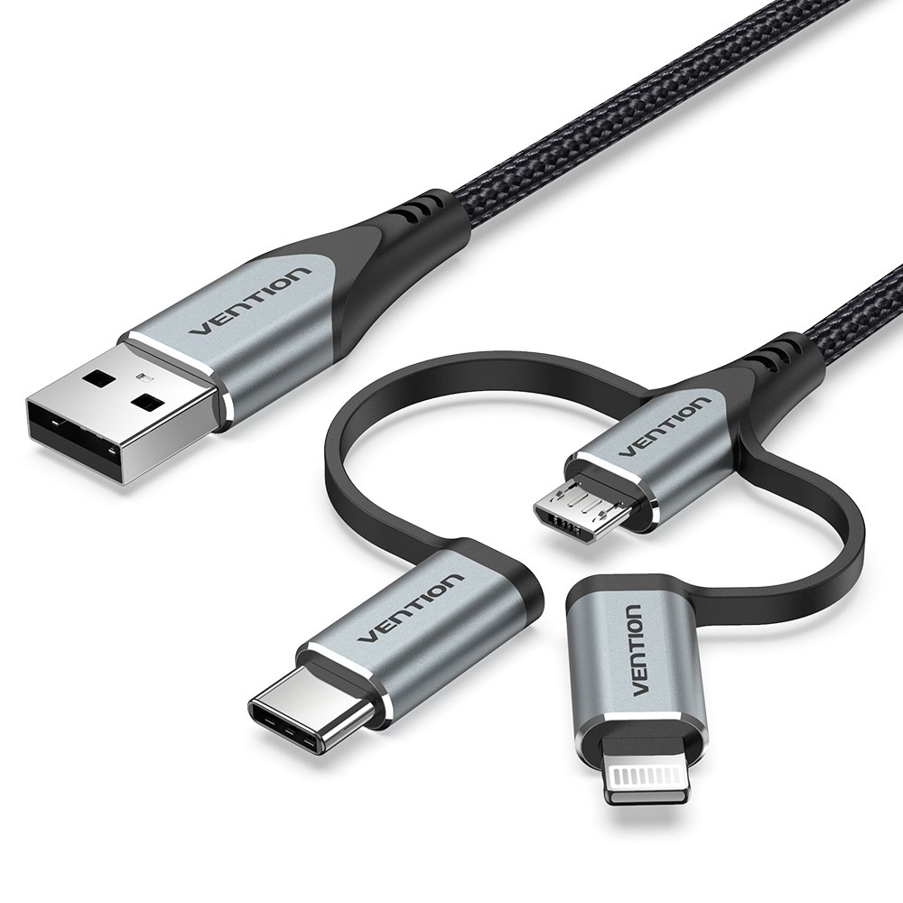 Kabel VENTION Vention USB 2.0 A Muški na 3-u-1 Micro-B&USB-C&Lightning Muški 1M Sivi Aluminijski Legura-3