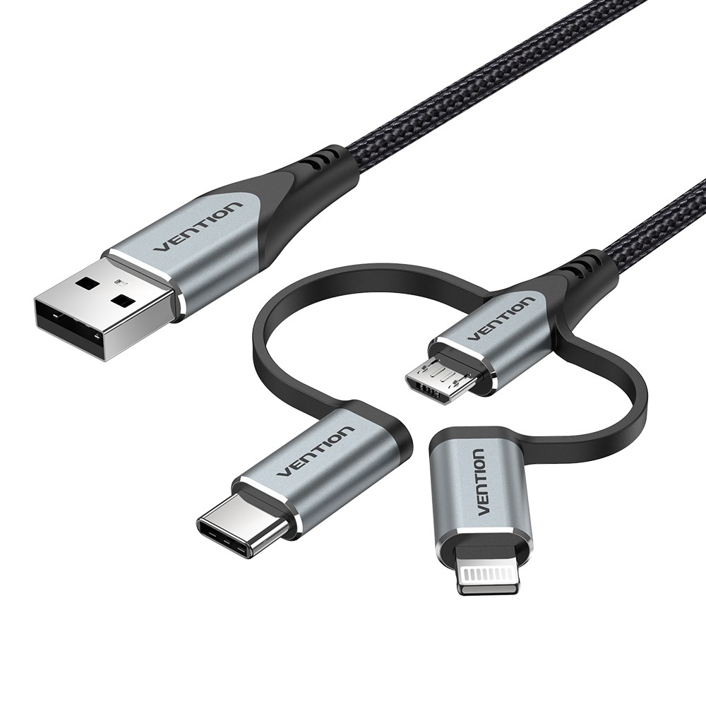 Kabel VENTION Vention USB 2.0 A Muški na 3-u-1 Micro-B&USB-C&Lightning Muški 1M Sivi Aluminijski Legura-1