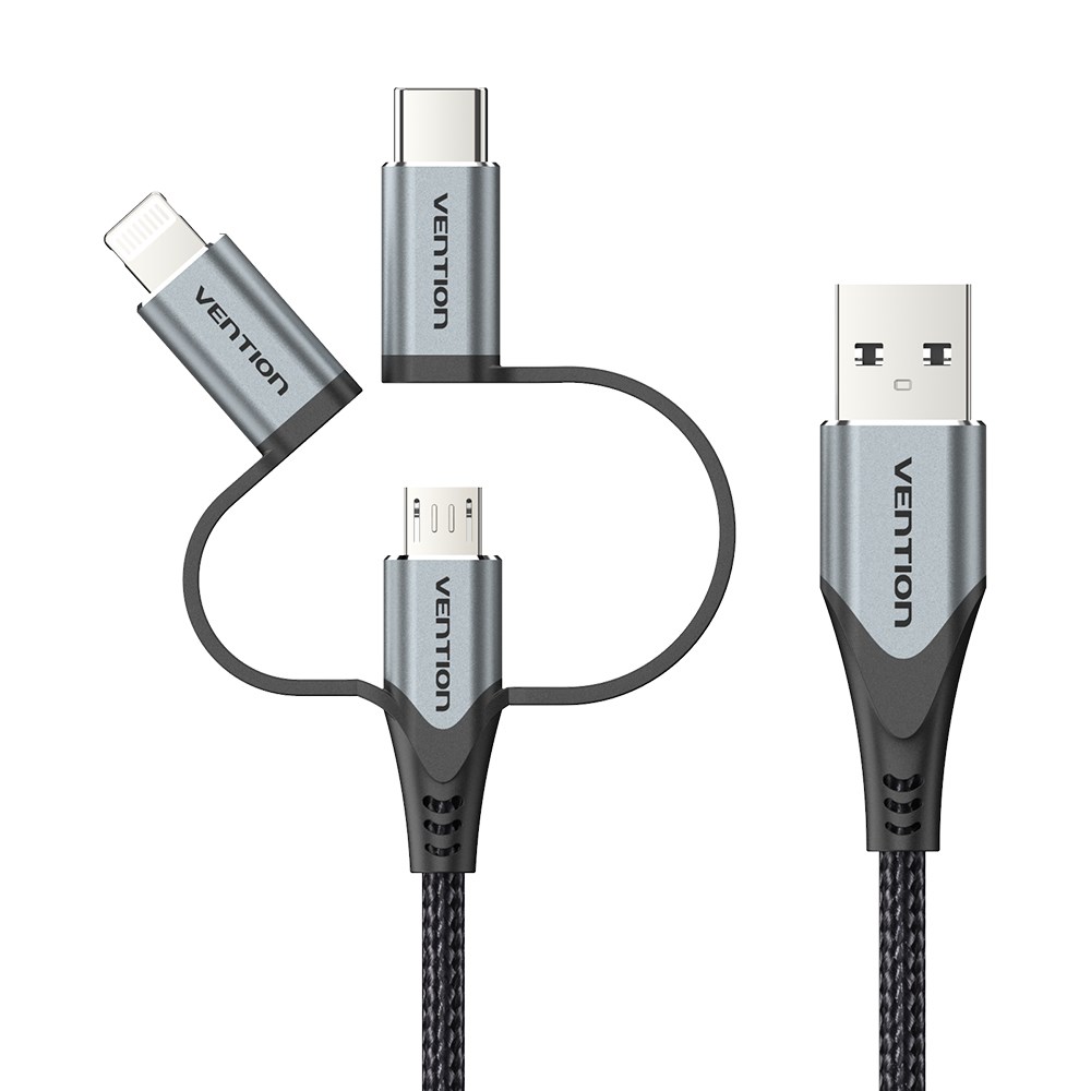 Kabel VENTION Vention USB 2.0 A Muški na 3-u-1 Micro-B&USB-C&Lightning Muški 1M Sivi Aluminijski Legura-2